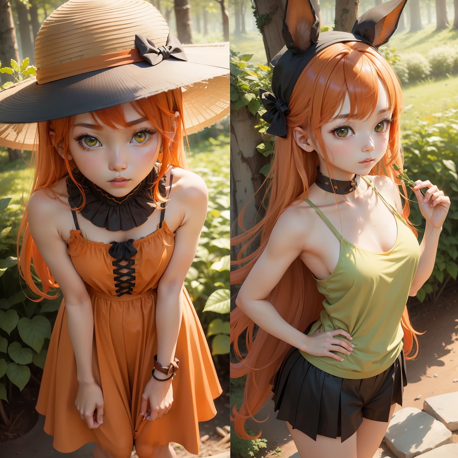 【Art Prompt】
『Ginseng beauty』

【Image Assumptions】

・Carrot as the head、Character with beautiful girl body
・ The physique is slim、skin color is close to orange
・ The hairstyle is semi-long.、Hair color is dark brown
・Big eyes、The color of the eyes is deep green
・ The background is a blue sky and a forest, etc.、Assuming a landscape where carrots grow naturally

【Composition and pose assumptions】

・ A beautiful girl with a carrot as her head is placed in the center、Photograph the whole body
・ The pose is full of confidence.、Do you put your hands on your hips?、The left hand should be on the hip and the right hand should be spread out in a fan shape.
・To give it a carrot-like look、On the face of the character「tail」Or draw something like、Accent with a hat, bandana, etc.
・ The texture of the material is、It is good to express a rough or muscular texture
【Color assumptions】

・Use carrot-like orange and green、Incorporate into your character's outfit and background
・The skin color is bright orange.、Eye color is dark green with deep shades