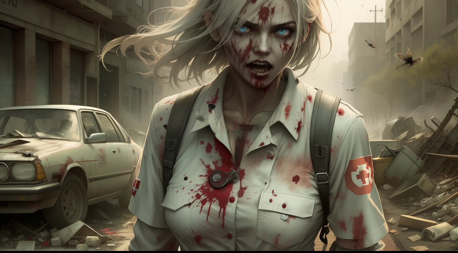 A zombie nurse wearing a bloodstained uniform is wandering down a deserted street in a fictional town called Silent Hill. A enfermeira tem a pele roxa e os olhos fundos. His hair is disheveled and his uniform is torn. The fog is thick and the air is gloomy. The only sound is the wind blowing through the trees. The scenario is apocalyptic and it seems that the end of the world has already happened. The zombie nurse is carrying a bloodied knife. The street is covered in garbage and rubble. The cars on the street are rusty and broken. The air is full of flies and the only sound is the wind blowing through the trees.