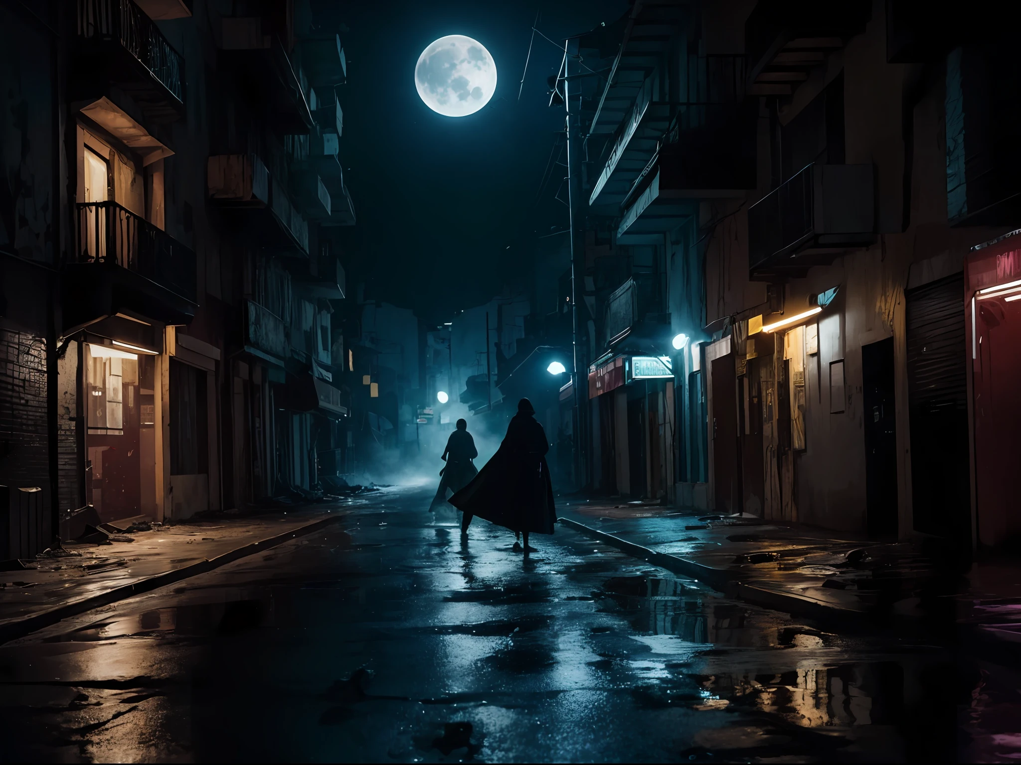 Em uma rua deserta e sombria de uma cidade futurista, Night falls over the scenery with a resplendent moon, emitindo sua aura maligna. The darkness is intense, Apenas quebrado pelos fracos feixes de luz da lua sinistra. The streets are empty and silent, with decrepit buildings and broken windows, testemunhas do caos que uma vez assolou o local. The air is dense and oppressive, carregado com uma energia sinistra que faz os pelos da nuca se arrepiarem. Distorted and menacing shadows dance on the walls, seeming to take on a life of its own. Nessa atmosfera aterrorizante, It is impossible to escape the feeling that chaos still dwells in the depths of this dark street and is just waiting for the right moment to emerge again.