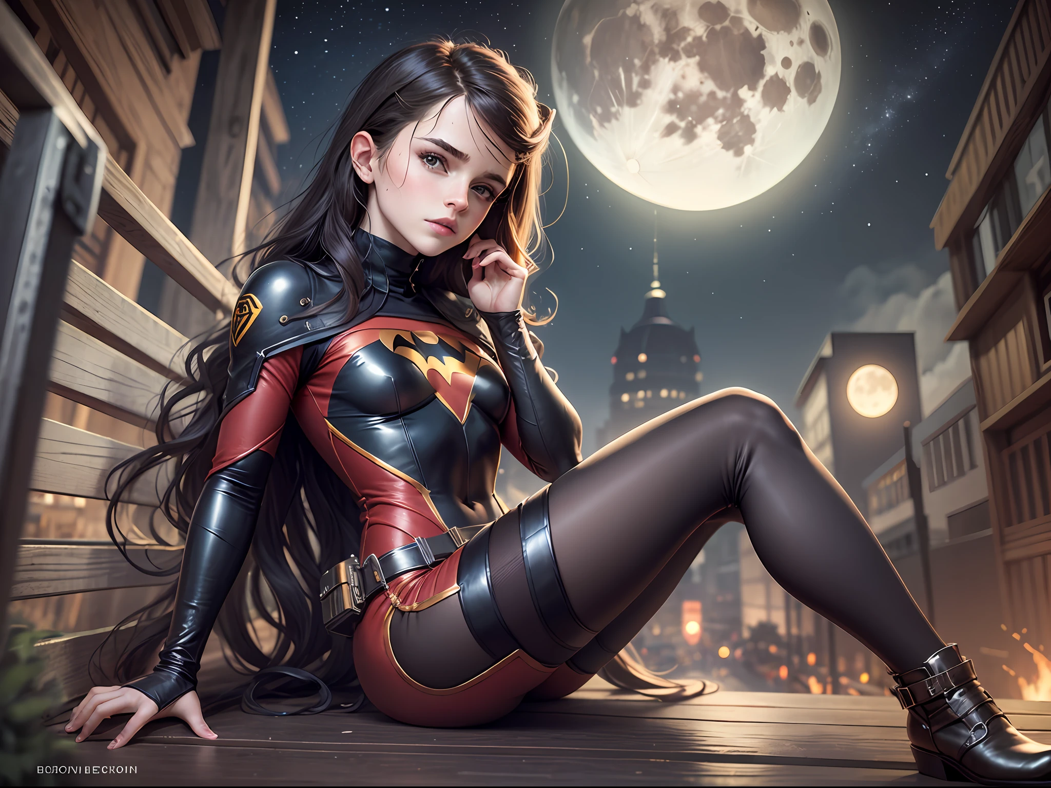 masterpiece. Teen emma watson dressed as Robin the boy wonder. Detailed tight costume. Defined body. Slender. Small breasts. background moon. night. long hair. sitting on a fence with her legs open.