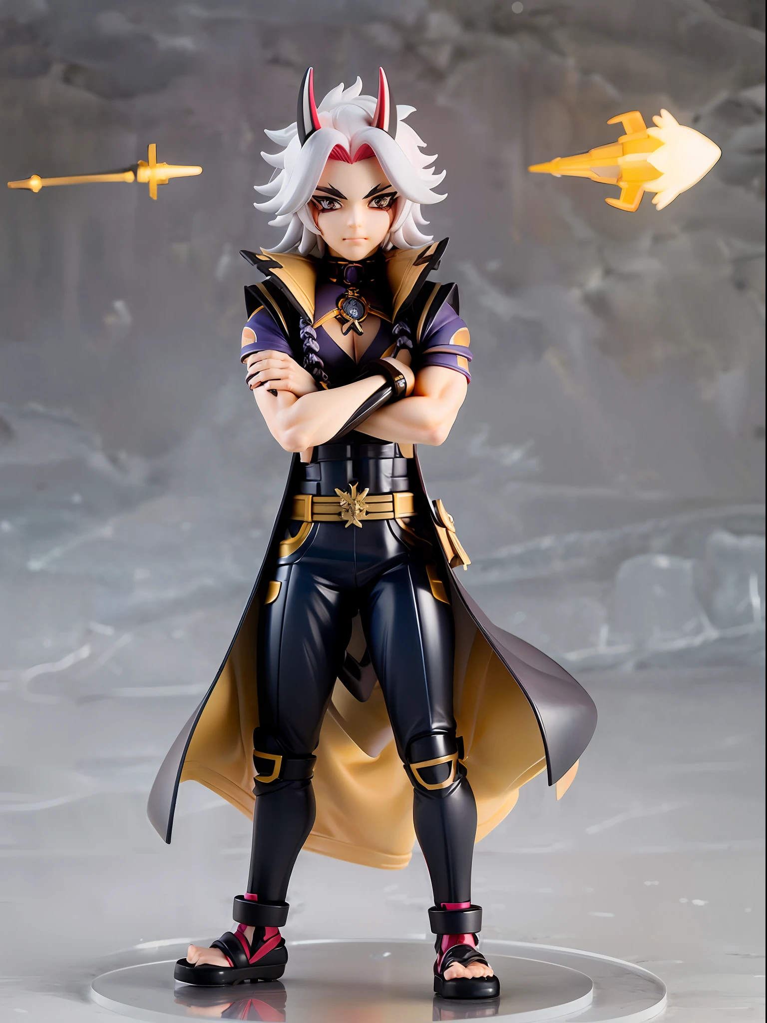 (Blind box toy style:1.3), (Full body shot) , 1 masterpiece, Best quality, ((anatomy correct,1 boy solo)),(arataki itto:1.2) (Genshin Impact), male focus, black nails, arataki itto, red horns, solo, long white hair, ,plastic style, Clean, Clean dark background (circular base)( Global illumination, Ray traching, hdr, unreal render,reasonable design, high detal, Masterpiece, Best quality, hyper HD, Cinematic lighting)