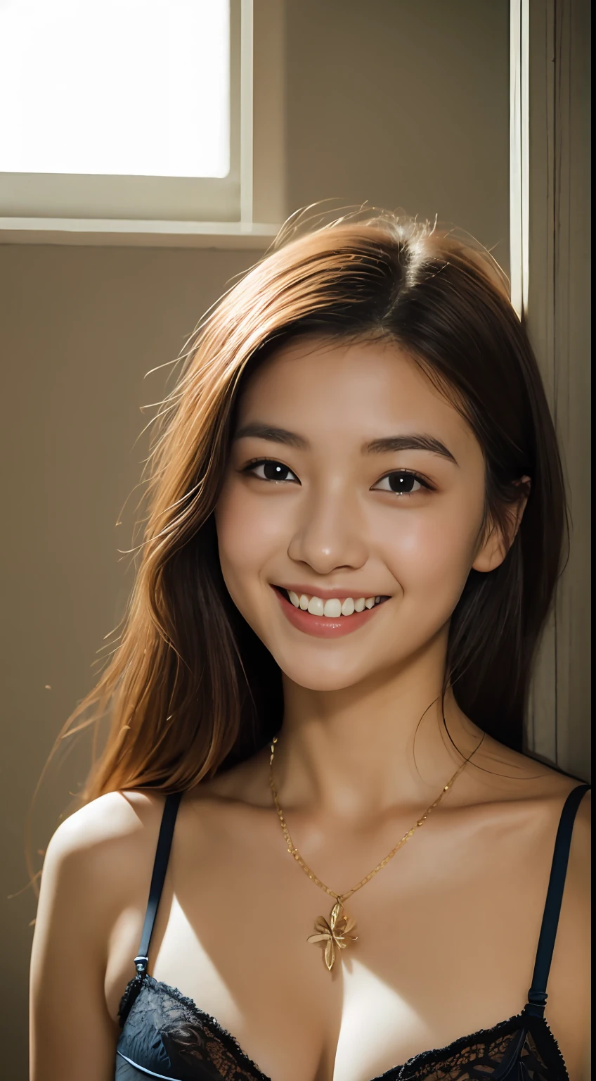 ((Best Quality, 8K, masutepiece:1.3, 1 girl, Beautiful Girl)), Cute, Dynamism, Detailed face, Detailed skin, Detailed eyes, Detailed lips, Detailed fingers, Photorealistic, Raw photo, Natural light, Perfect Anatomy, Silvery hair、Looking at Viewer, Red lips, Sunset, gothic mansion, cleavage, Ecstatic face, Luxury underwear、Gorgeous lingerie、Gold Necklace、A bracelet、耳Nipple Ring、Model Posing、little smiling、Young japanese lady、Innocence that remains young