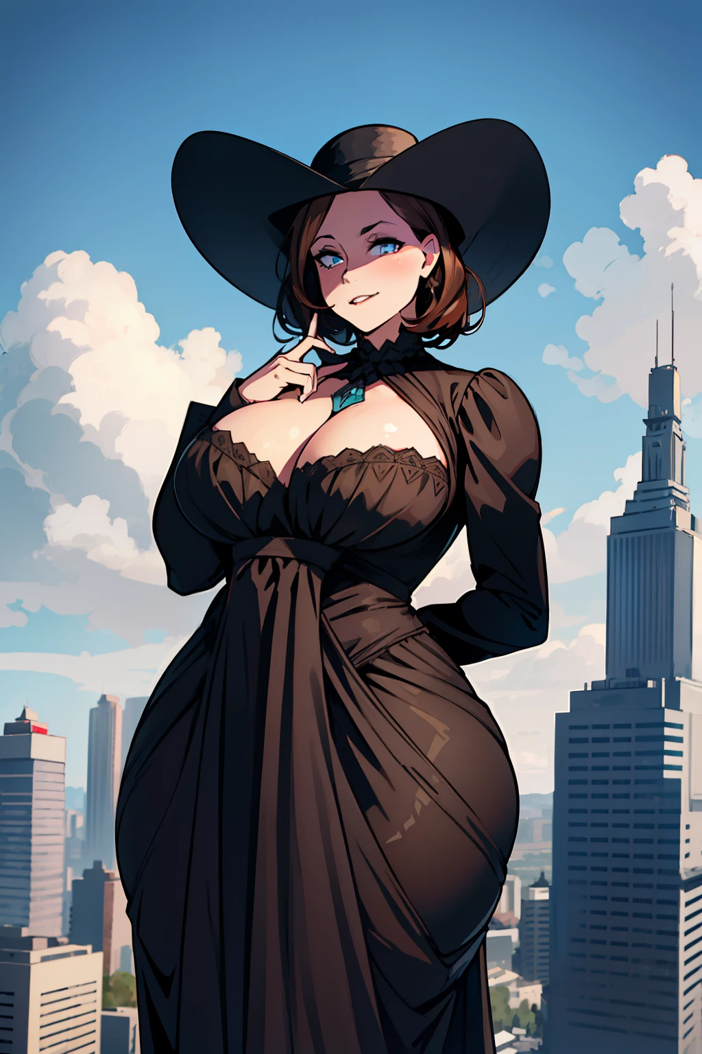 GtsGiga,Gtscity,Plump,grey skinned woman,succubus,short hair,brown hair,blue eyes,haertshaped tail,Victorian era dress,black sunhat,high heels,masterpiece,best quality,large breast,morthely,morthely side plait,cityscape,clouds,woman,grey skin,chubby