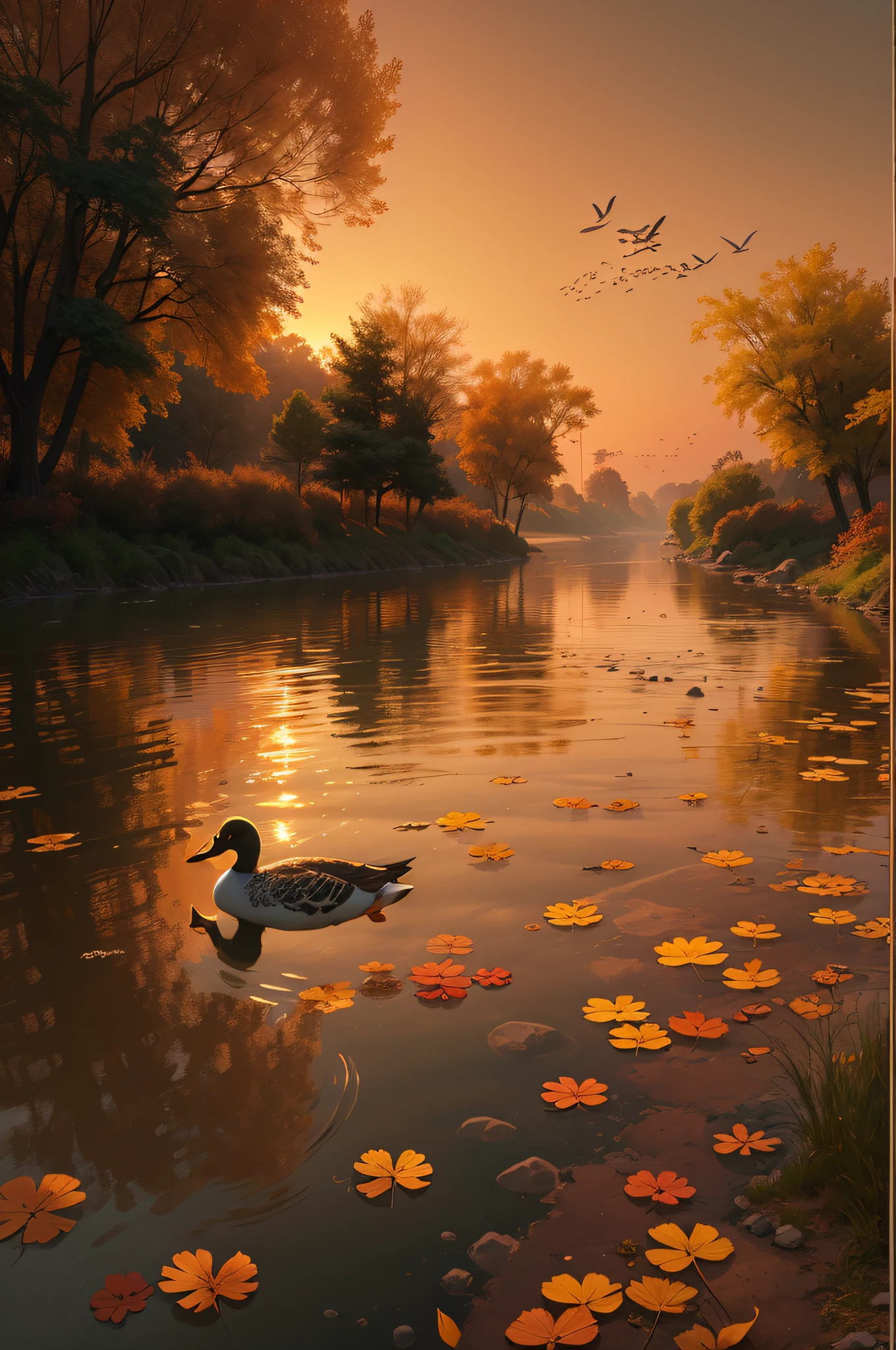 scenecy,landscape,Wide river views,setting sun,evening light,Flying birds,The sky in the distance,In autumn, the wide river water connects with the vast sky,The evening glow parallels the flight of a lone duck,(Very detailed CG unity 8k wallpaper),most beautiful artwork in the world,iintricate,high detal,sharp fokus,
