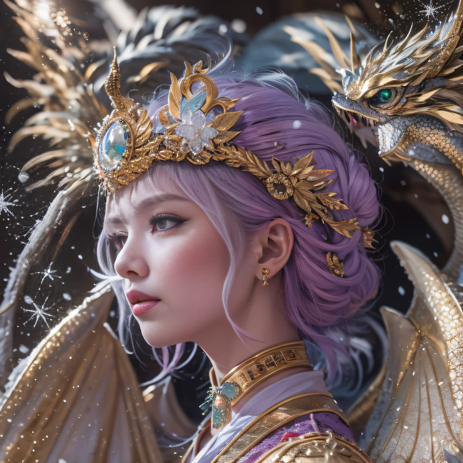 16k（tmasterpiece，k hd，hyper HD，16k）short detailed hair，Vintage train sleeper area，Snow Circle Girl ，Two Golden Dragon Protectors （realisticlying：1.4），Python robe，Purple-pink tiara，Snowflakes fluttering，The background is pure， A high resolution， the detail， RAW photogr， Sharp Re， Nikon D850 Film Stock Photo by Jefferies Lee 4 Kodak Portra 400 Camera F1.6 shots, Rich colors, ultra-realistic vivid textures, Dramatic lighting, Unreal Engine Art Station Trend, cinestir 800，