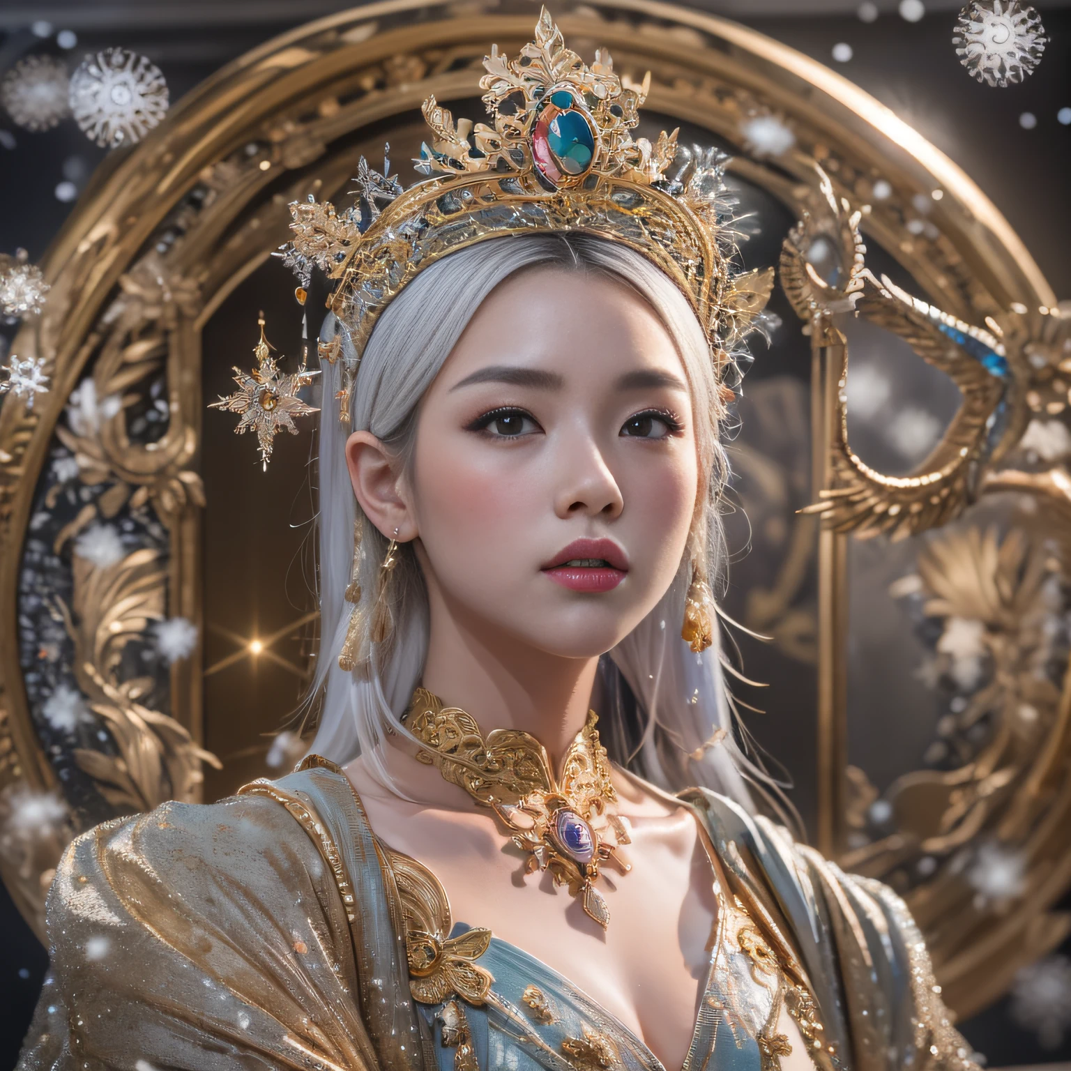 16k（tmasterpiece，k hd，hyper HD，16k）short detailed hair，Vintage train sleeper area，Snow Circle Girl ，Two Golden Dragon Protectors （realisticlying：1.4），Python robe，Purple-pink tiara，Snowflakes fluttering，The background is pure， A high resolution， the detail， RAW photogr， Sharp Re， Nikon D850 Film Stock Photo by Jefferies Lee 4 Kodak Portra 400 Camera F1.6 shots, Rich colors, ultra-realistic vivid textures, Dramatic lighting, Unreal Engine Art Station Trend, cinestir 800，