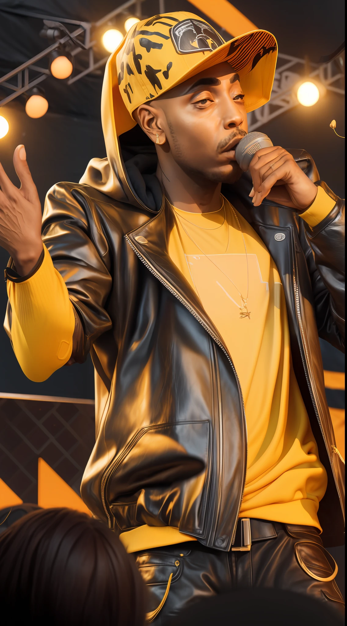 1rapper with Bald hair, modern Streetwear Clothing Yellow and Black Animal Print mink Fur Jacket (Virgal Abloh) (H R Gigger), Black hoodie and black cap speaking in a micro, rapper on stage at the festival, rapper, live at lollapalooza, in front of a large crowd, big head on stage, , rap, Chicago, Boston, recognizable, performing