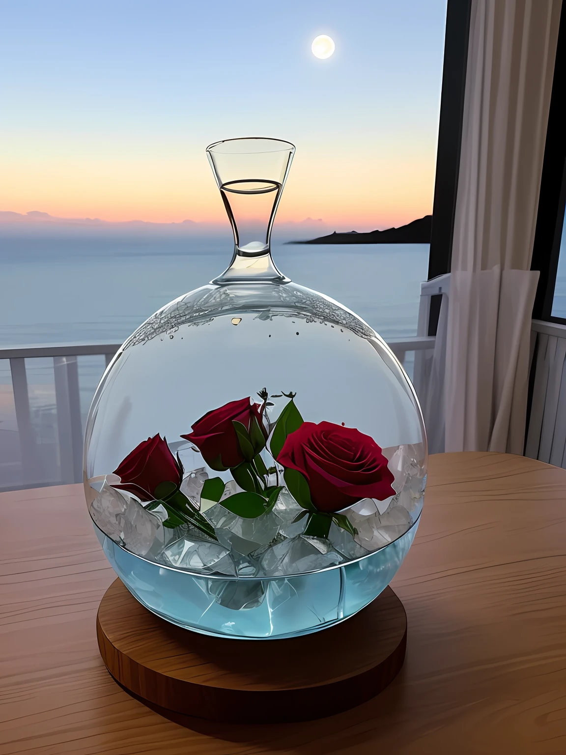 Bouquet of roses inside a crystal pot with water on a table and in the background the moon in the sky" parece ser uma cena encantadora. Agora, You can continue from that point, Creating a story, um poema ou qualquer outra coisa que desejar. Sinta-se livre para ser criativo e descrever a atmosfera e os detalhes da cena com suas palavras