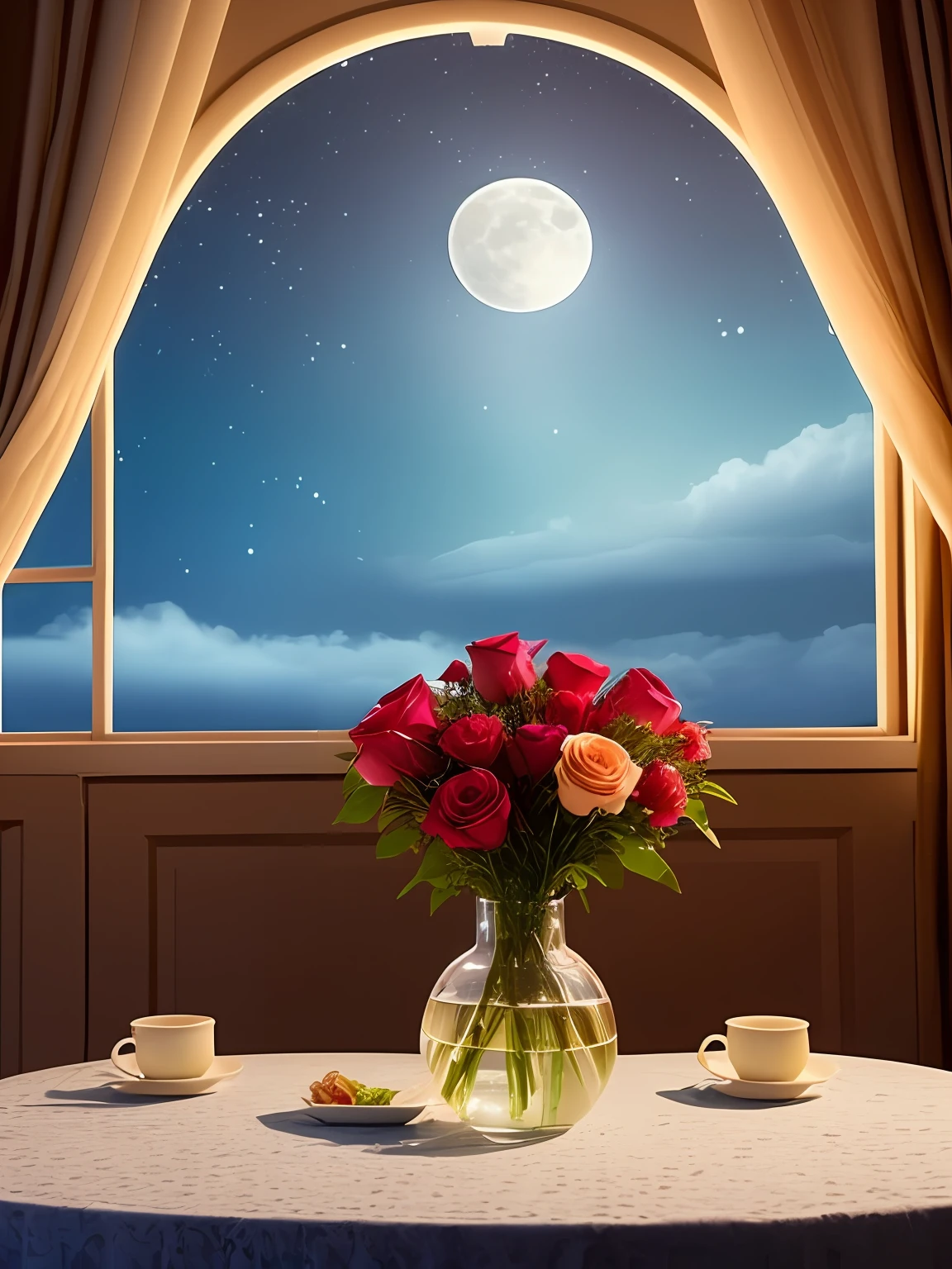 Bouquet of roses inside a crystal pot with water on a table and in the background the moon in the sky" parece ser uma cena encantadora. Agora, You can continue from that point, Creating a story, um poema ou qualquer outra coisa que desejar. Sinta-se livre para ser criativo e descrever a atmosfera e os detalhes da cena com suas palavras
