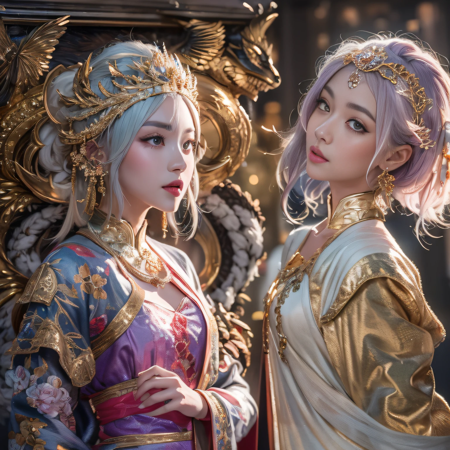 16k（tmasterpiece，k hd，hyper HD，16k）short detailed hair，Vintage train sleeper area，Snow Circle Girl ，Two Golden Dragon Protectors （realisticlying：1.4），Python robe，Purple-pink tiara，Snowflakes fluttering，The background is pure， A high resolution， the detail， RAW photogr， Sharp Re， Nikon D850 Film Stock Photo by Jefferies Lee 4 Kodak Portra 400 Camera F1.6 shots, Rich colors, ultra-realistic vivid textures, Dramatic lighting, Unreal Engine Art Station Trend, cinestir 800，