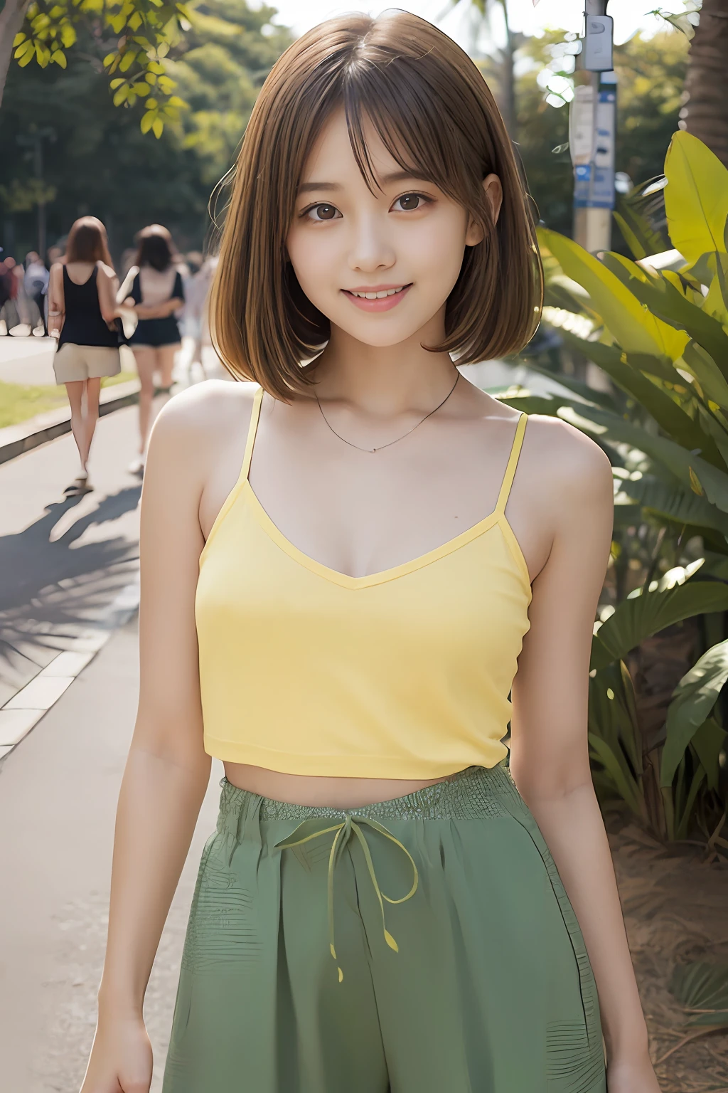 (Yellow Spaghetti Strap Camisole、Culottes with green palm leaf pattern),(masutepiece:1.1), (Beautiful girl), japanaese girl, Cute face, Cute lips, Dappled sunlight, Dramatic Lighting, Dynamic lighting, Smile, In the park, (Yellow-haired ash), (Banana motif),