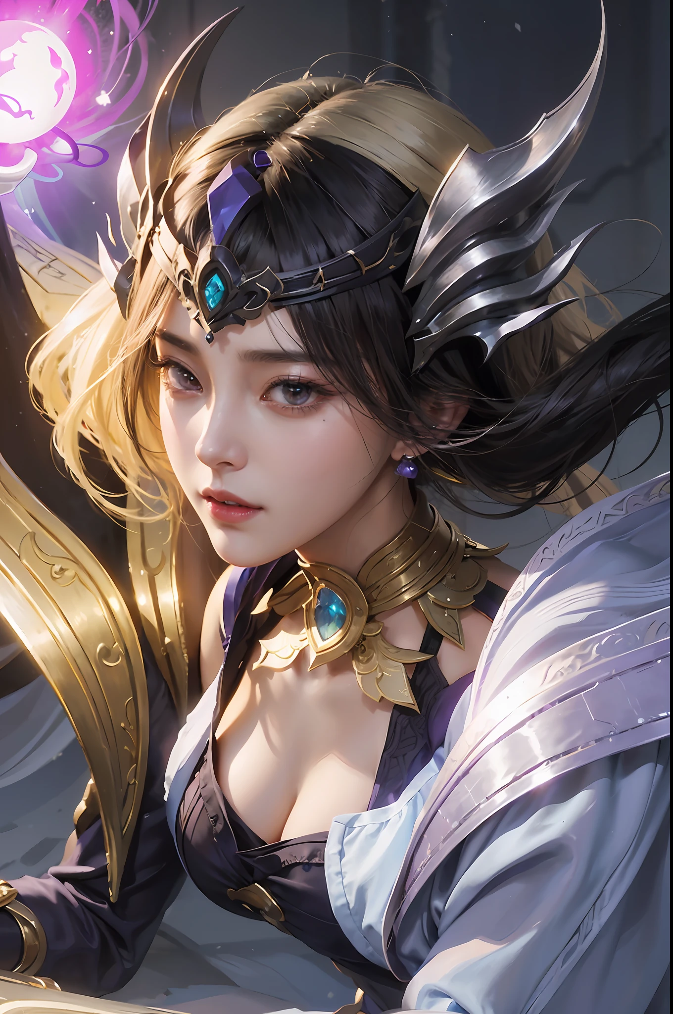 a close up of a woman with a purple and black costume, shadowbringers cinematic, 4 k detail fantasy, a beautiful fantasy empress, game cg, xianxia fantasy, xianxia hero, 2. 5 d cgi anime fantasy artwork, cinematic goddess close shot, ruan jia and artgerm, wow 4 k detail fantasy, hyperdetailed fantasy character