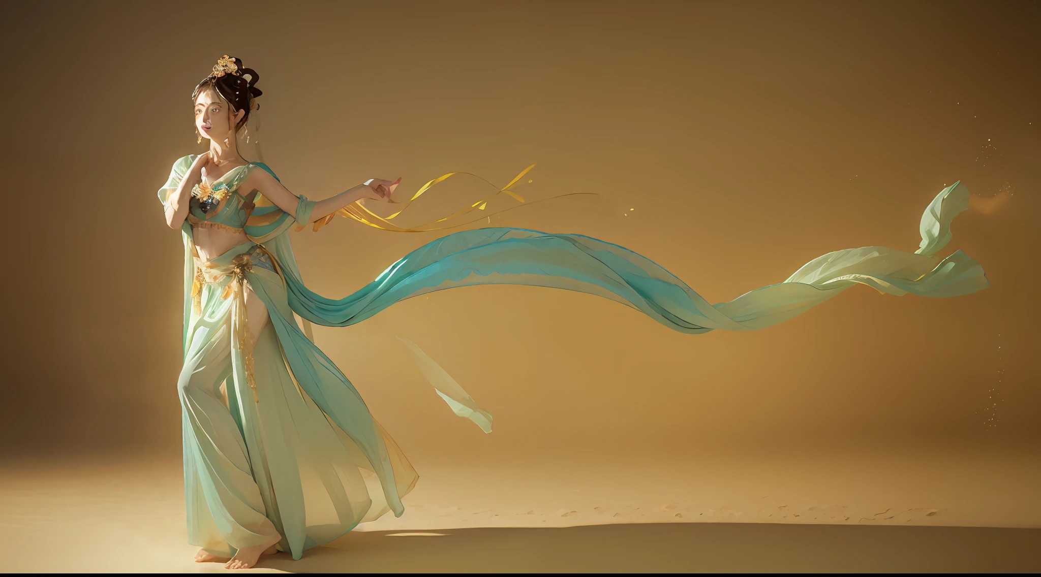 (8k, RAW photo, best quality, masterpiece:1.2), (realistic, photo-realistic:1.4), (extremely detailed CG unity 8k wallpaper), 1 girl solo, dance, dunhuang_dress, dunhuang_style, dunhuang_background,