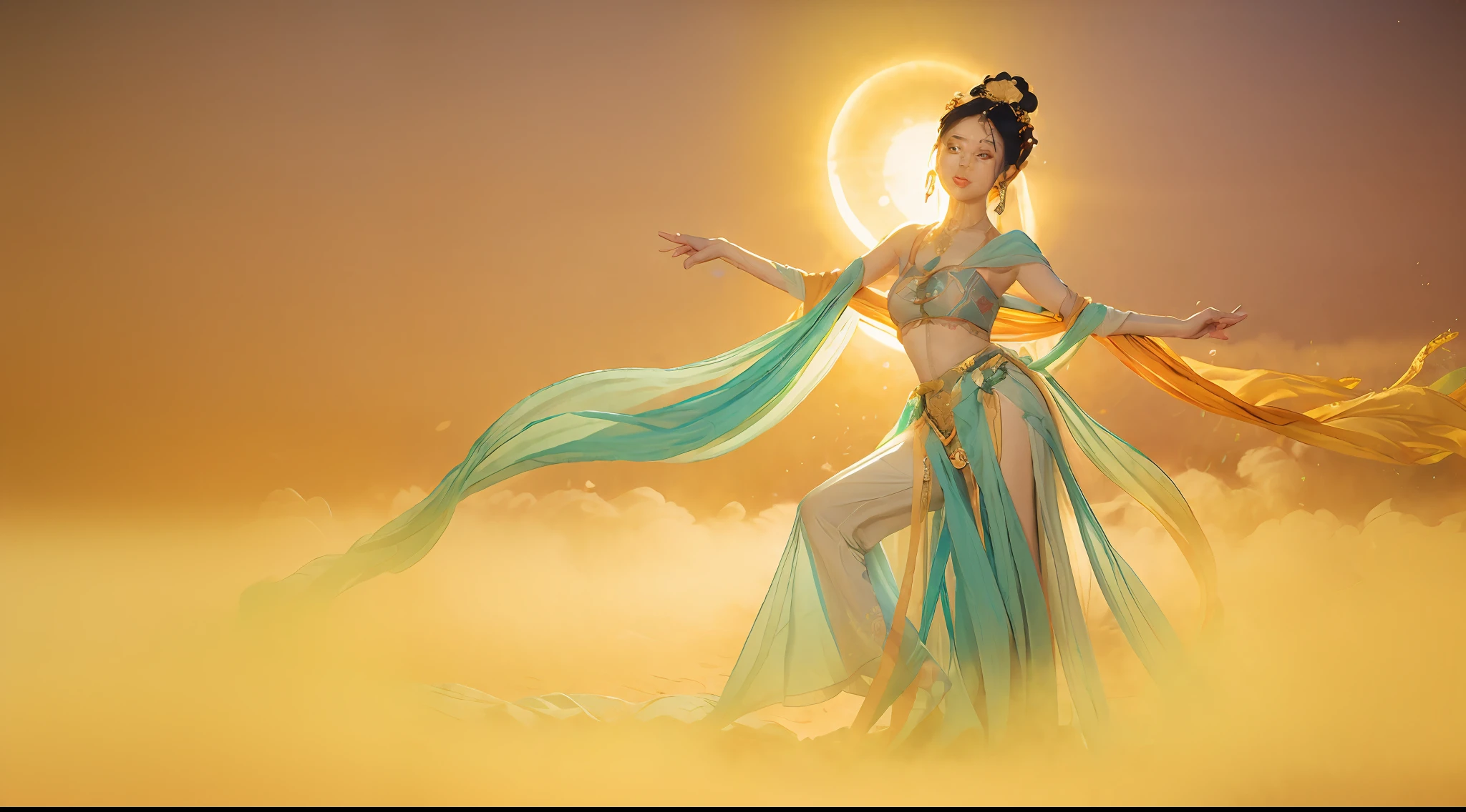 (8k, RAW photo, best quality, masterpiece:1.2), (realistic, photo-realistic:1.4), (extremely detailed CG unity 8k wallpaper), 1 girl solo, dance, dunhuang_dress, dunhuang_style, dunhuang_background,