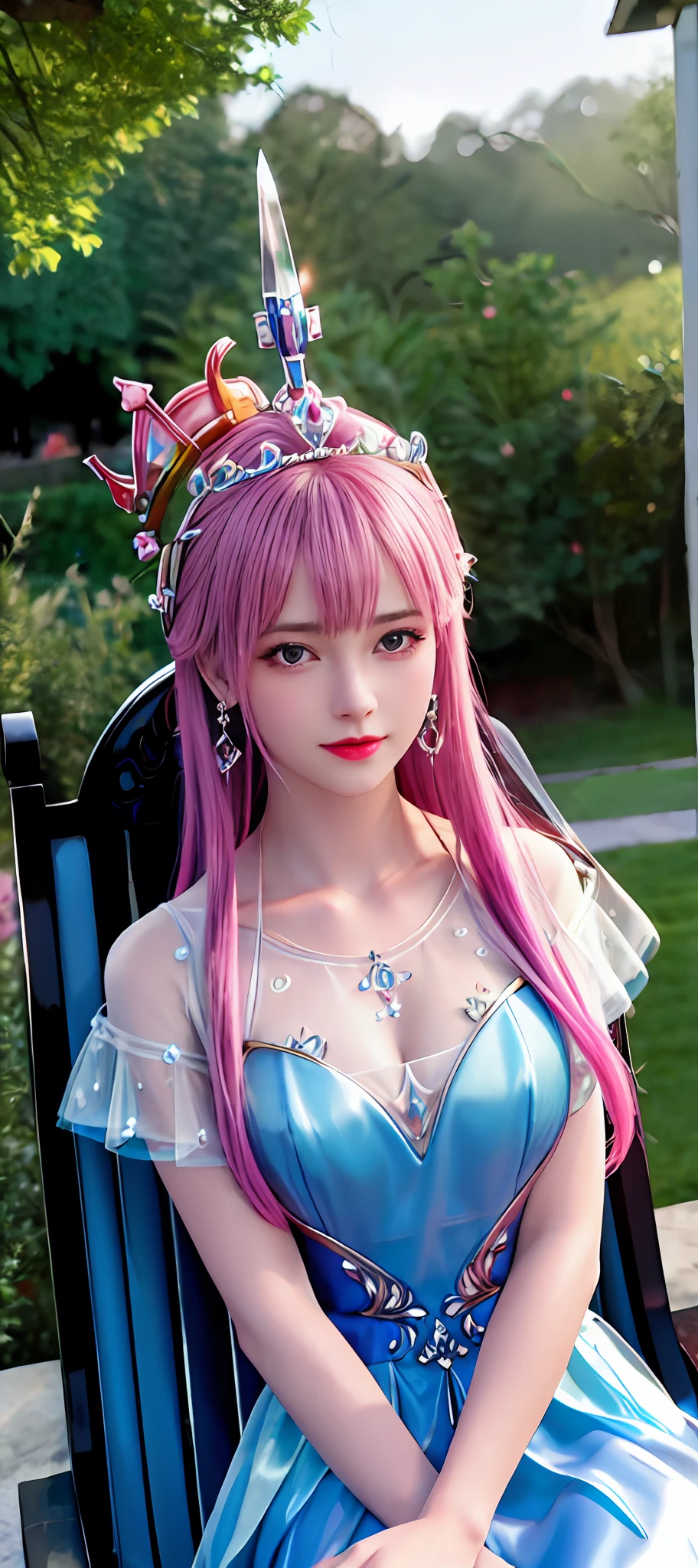 realisticity: 1.2), best quality, masterpiece, highres, super detail, ultra detail, cg, 1girl, queen, sword, long hair, dress, water, solo, jewelry, yellow dress, wearing a very beautiful dress, there are lots of diamonds on her dress which is very beautiful,

wearing a very beautiful crown, earrings, hair ornament, splashing, upper body super realistis, hair bun, blue and pink hair, sitting on a magnificent and beautiful royal throne backgraun super realistis and super detai, ultra detail, lighting,candid, Photograph, high resolution, 8k, 10k, Bokeh,