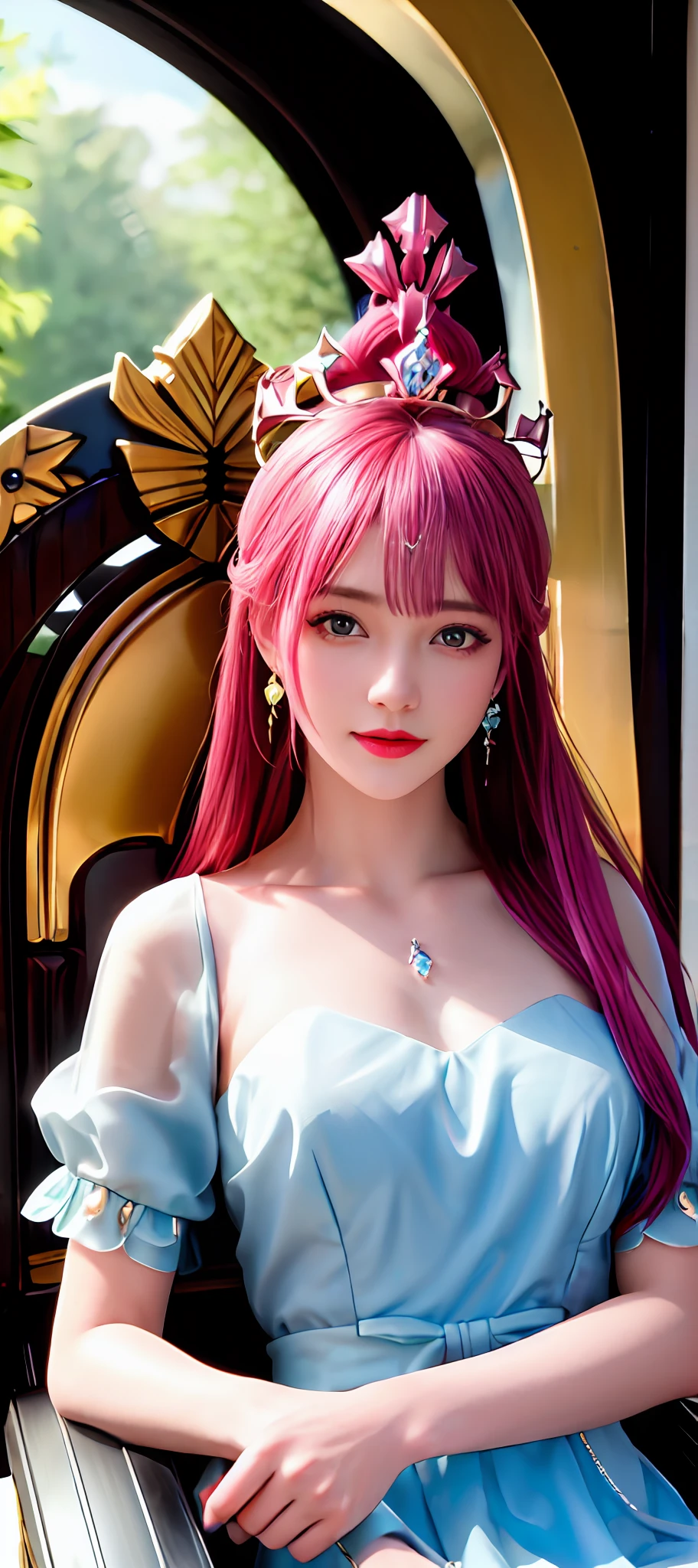 realisticity: 1.2), best quality, masterpiece, highres, super detail, ultra detail, cg, 1girl, queen, sword, long hair, dress, water, solo, jewelry, yellow dress, wearing a very beautiful dress, there are lots of diamonds on her dress which is very beautiful,

wearing a very beautiful crown, earrings, hair ornament, splashing, upper body super realistis, hair bun, blue and pink hair, sitting on a magnificent and beautiful royal throne backgraun super realistis and super detai, ultra detail, lighting,candid, Photograph, high resolution, 8k, 10k, Bokeh,