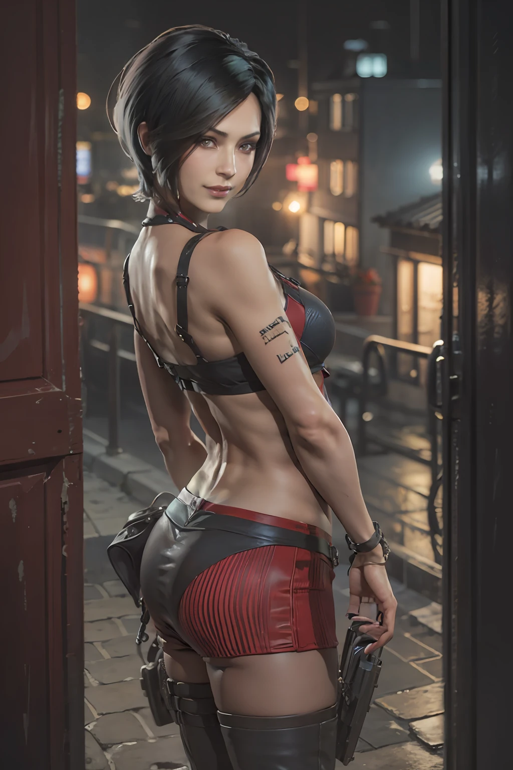 1 girl, solamente, Ada Wong de Resident Evil 4 Remake, pelo corto, cabello negro, bikini rojo, cara de Adriana, Visor mirando,Looking back, cuerpo completo sonrisa tortuosa,La mejor calidad, High resolution:1.2, Pueblo del siglo 18 en el fondo, Sombras, Nightime, Luz de la luna, Disparo en la parte superior del cuerpo, low camera angle, Profundidad de campo, Enfoque central