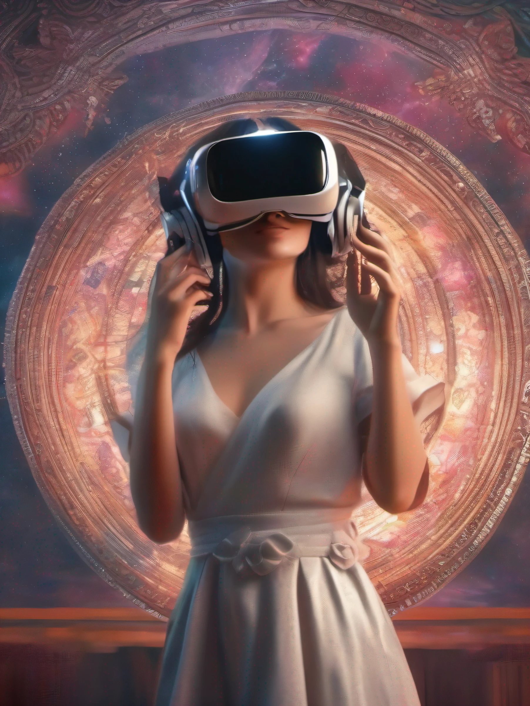 uma linda garota usando um fone de ouvido de realidade virtual enquanto imagens de seus pensamentos circulam ao seu redor