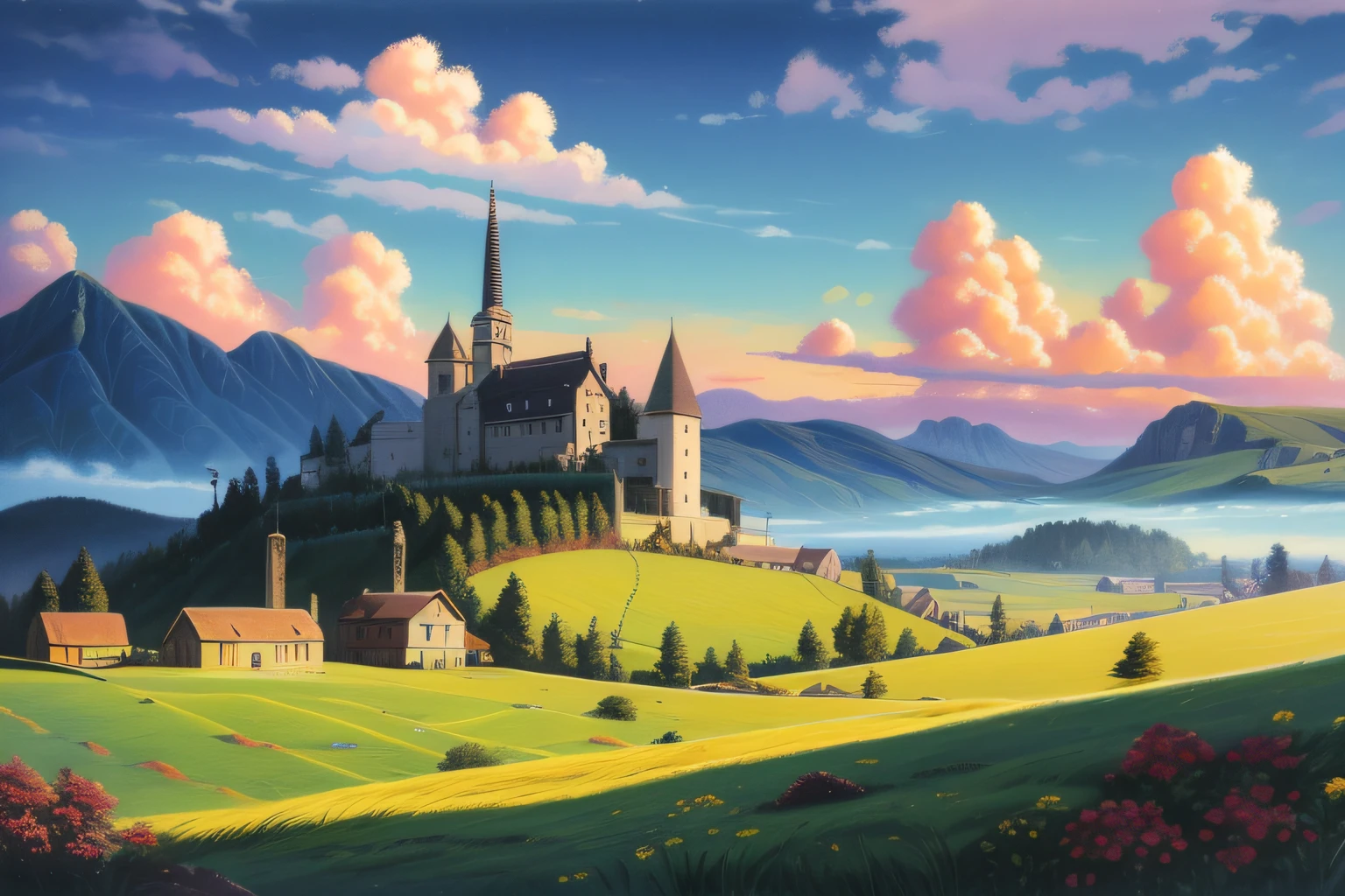best quality, high resolution, distinct image, oil painting (medium), highly detailed, dmt,
countryside, rolling hills, lazy village, chimney smoke, Mountains in distance, cloudy sky, detailed sky. blue ocean