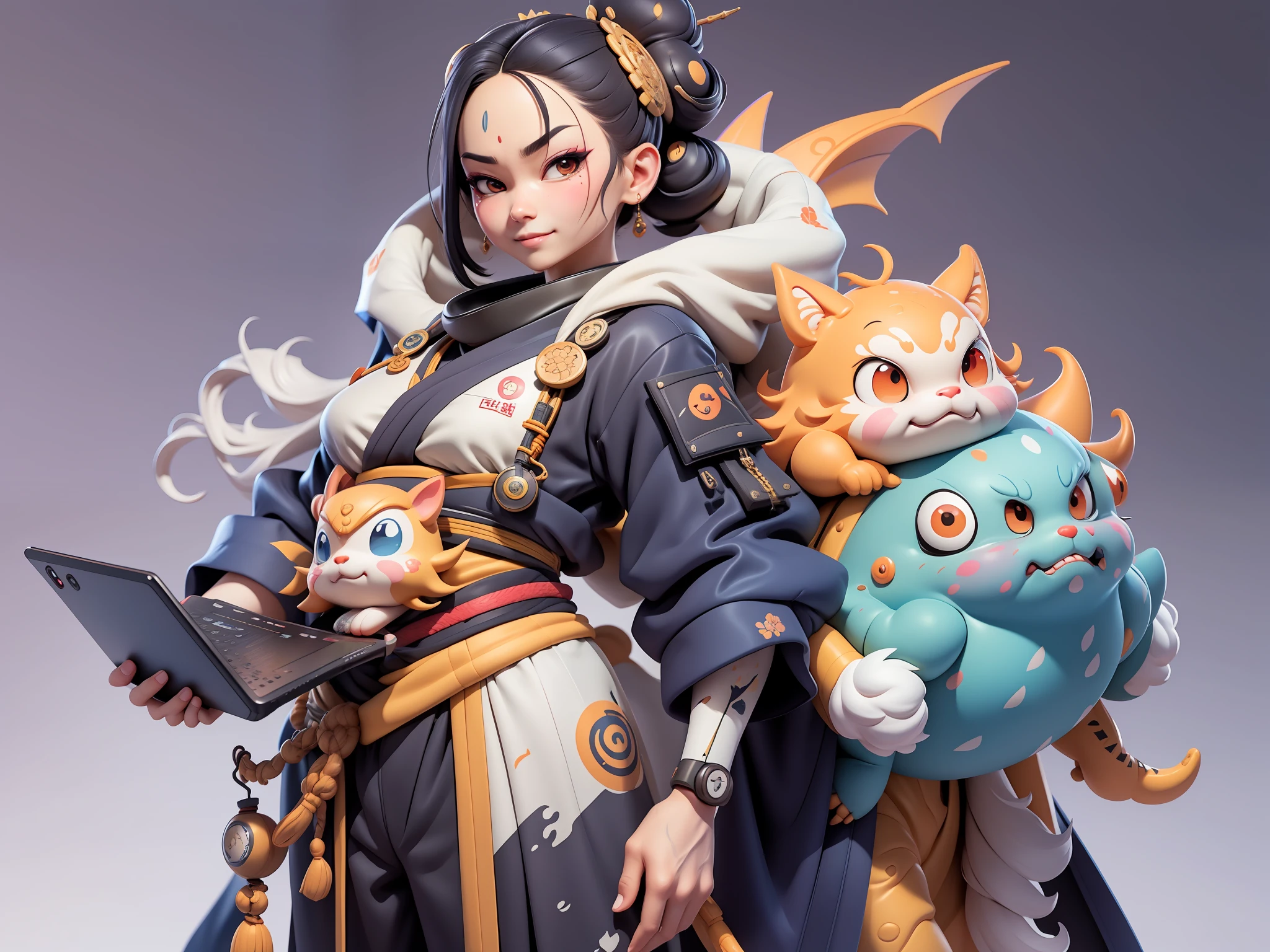 (Daisaku),(Need),(Super meticulous),(full bodyesbian:1.2),Japanese ukiyo-e girl,japanese geisha,Beautiful,Oriental dragon,Aeolian Thor,Raised sexy,爆乳,Oriental face,TV Anchor,Bust portrait illustration,Alone,In black suit,a blue tie,The face is slightly chubby,The face was clean,without a beard,Black super short hair,Black eyes,Smile confidently,3C computer sub-products,iPad, iphone,Digital painting,3D character design by Mark Clairen and Pixar and Hayao Miyazaki and Akira Toriyama,The illustration is a high-definition illustration in 4K resolution,With very detailed facial features and cartoon-style visuals。