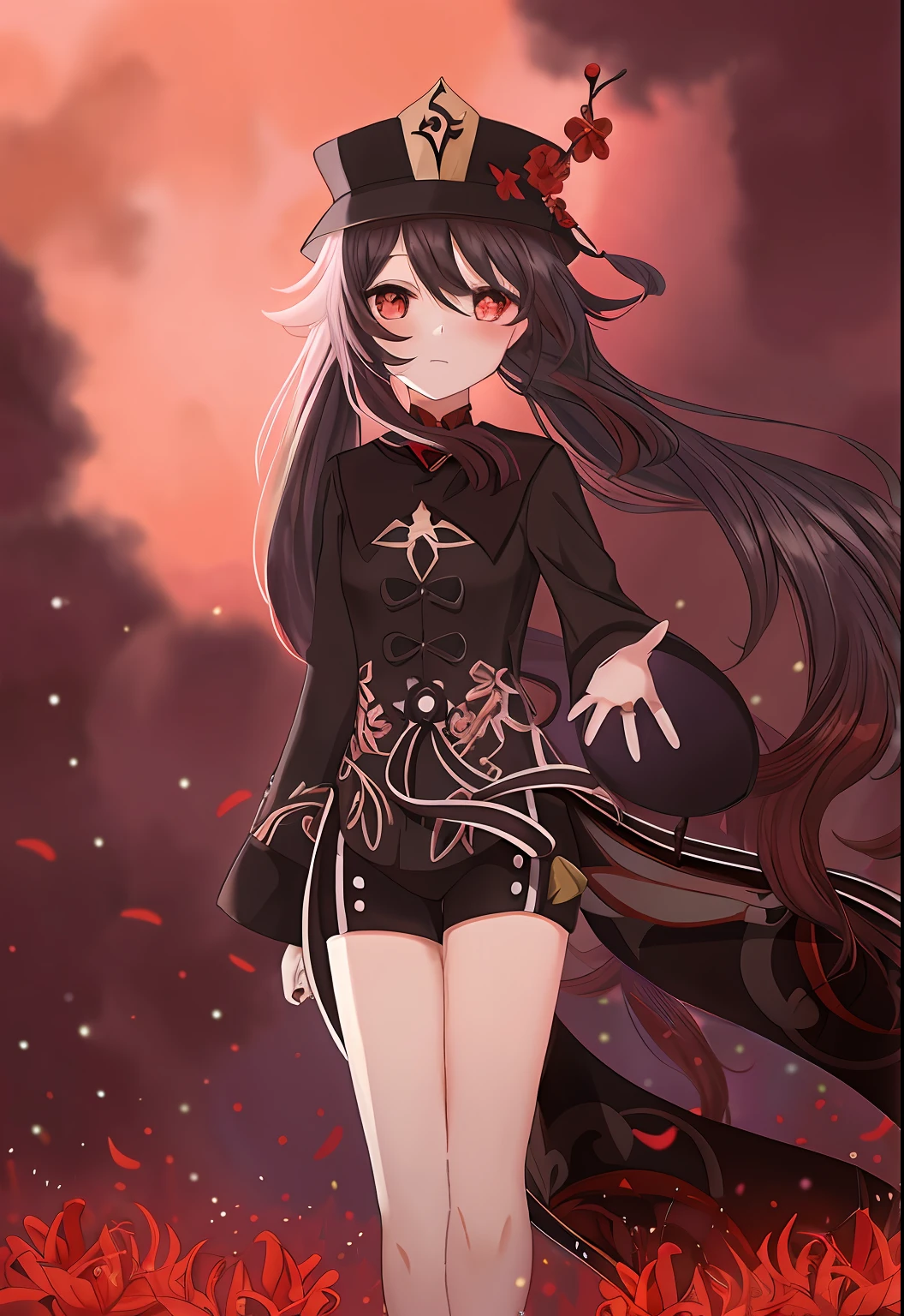 Anime girl in black leggings and hat standing in a red flower field, cute anime waifu in a nice dress, anime moe art style, inspired by Jin Homura, Anime girl in black leggings, (Anime girl), Anime girl with long hair, gothic maiden anime girl, author:Hosomura Kane, Stylized anime, Beautiful anime girl