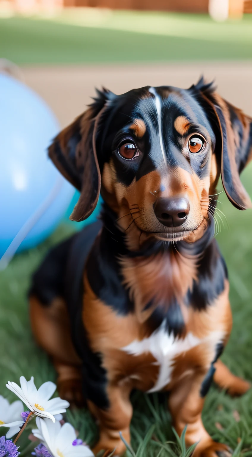 Beautiful caramel colored Dachshund breed dog with happy face on lawn and blue sky in the background