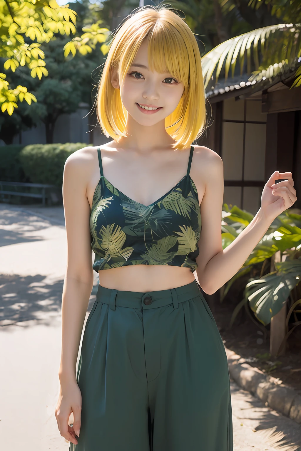 (Yellow Spaghetti Strap Camisole、Culottes with green palm leaf pattern),(masutepiece:1.1), (Beautiful 13 year old girl), japanaese girl, Cute face, Cute lips, Dappled sunlight, Dramatic Lighting, Dynamic lighting, Smile, In the park, (Yellow hair ash),