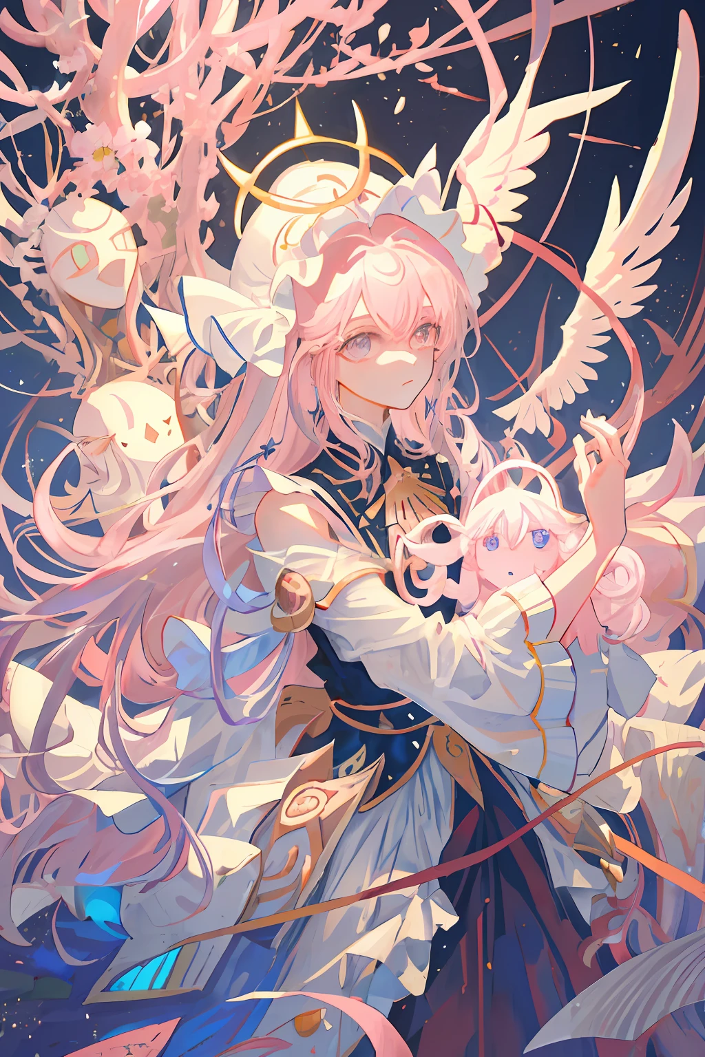 1girl, Silver hair, pink headwear, long hair, curly hair, gothic, pink puffy dress, magic circle, facing viewer, Realistic, delicate, smooth, flowing, ethereal, graceful, lifelike, precise, detailed, refined, subtle, intricate, soft, gentle, luminous, radiant, glowing, harmonious, balanced, proportionate, elegant, serene, tranquil, heavenly, celestial, pure, innocent, angelic, divine
(masterpiece), (best quality), Amazing, beautiful detailed eyes, (finely detail), Depth of field, extremely detailed CG, original, extremely detailed wallpaper, (vivid colors),