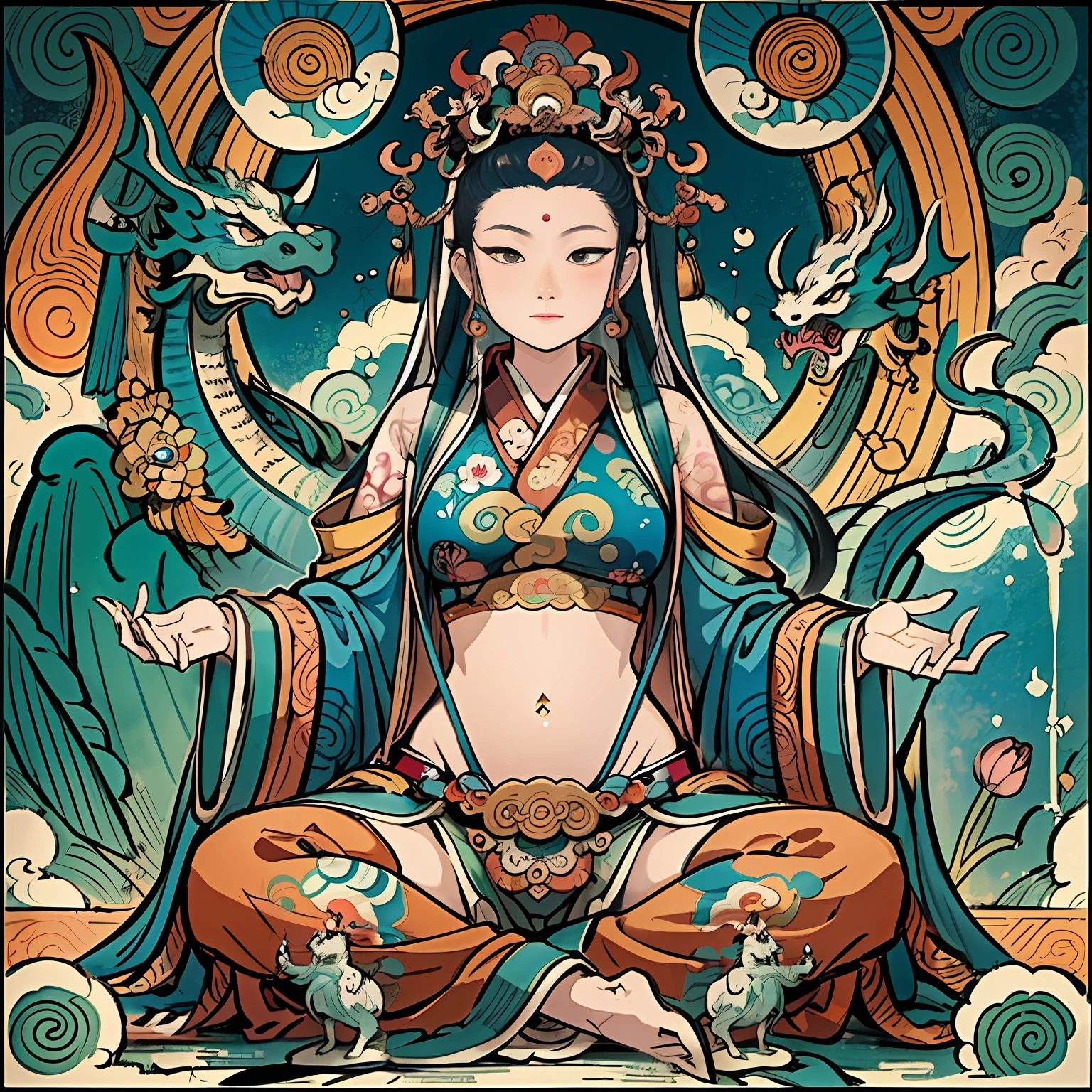 an ancient Chinese goddess, guanyin of the southern seas, Guanyin, Inspired by India, Avalokiteshvara rides a dragon,Serene expression,shui mo hua,Buddha,Buddhist,Lotus,Chinese painting style,Thangka style