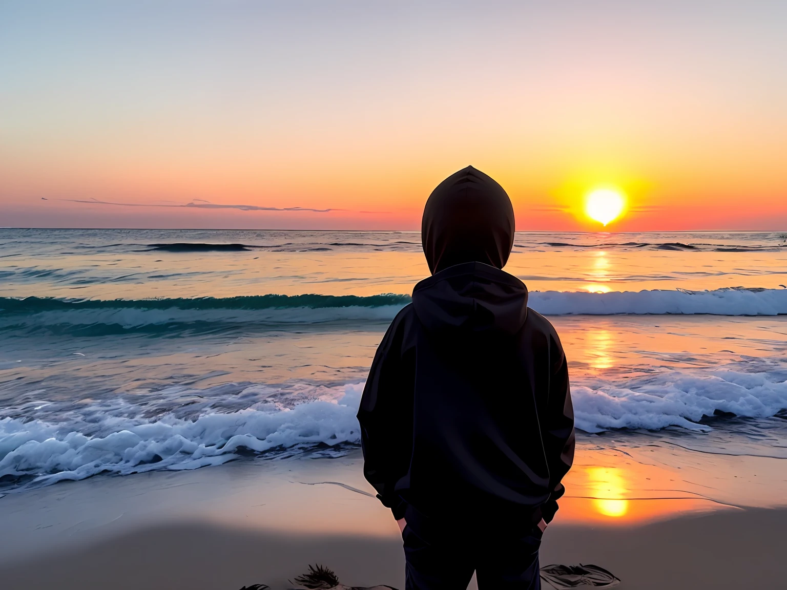 boy in a black hoody on the beach with the sunset in the back