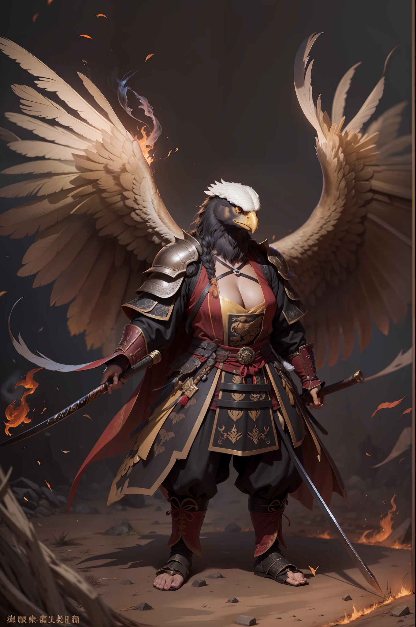 （anthropomorphic turtle），（Golden Eagle Samurai：1.4），longspear，a tall body，Stout limbs，Huge wings，There are a lot of feathers，Look at me condescendingly，disdain，despise，tosen，Fierce eyes，terroral，（（closeup cleavage，facial closeups，Close-up strengthened）），The long hairs of the flame fluttered in the wind，combats，Dynamic lines，Dimly lit battlefield，Ruined castle，（stereoscopic perspective：1.4），Works of masters，super-fine，4K分辨率，high qulity，电影灯光，High picture detail，Detailed pubic hair，Epic shooting，Clearly focused hair，Detailed hair depiction，acurate