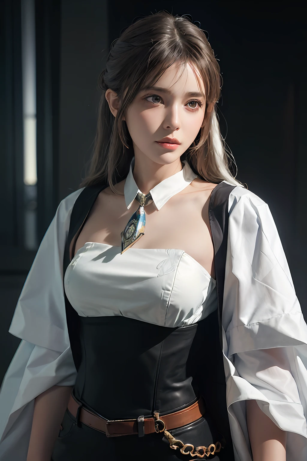 Hyperrealist portrait of female by david hockney and alphonse mucha,fantasy art, photo realistic, dynamic lighting, artstation, poster, volumetric lighting, very detailed faces, 4 k, award winning,, 1girl, in the dark, deep shadow, low key,cowboy shot,(official clothing:1.4) ,long hair,white hair,