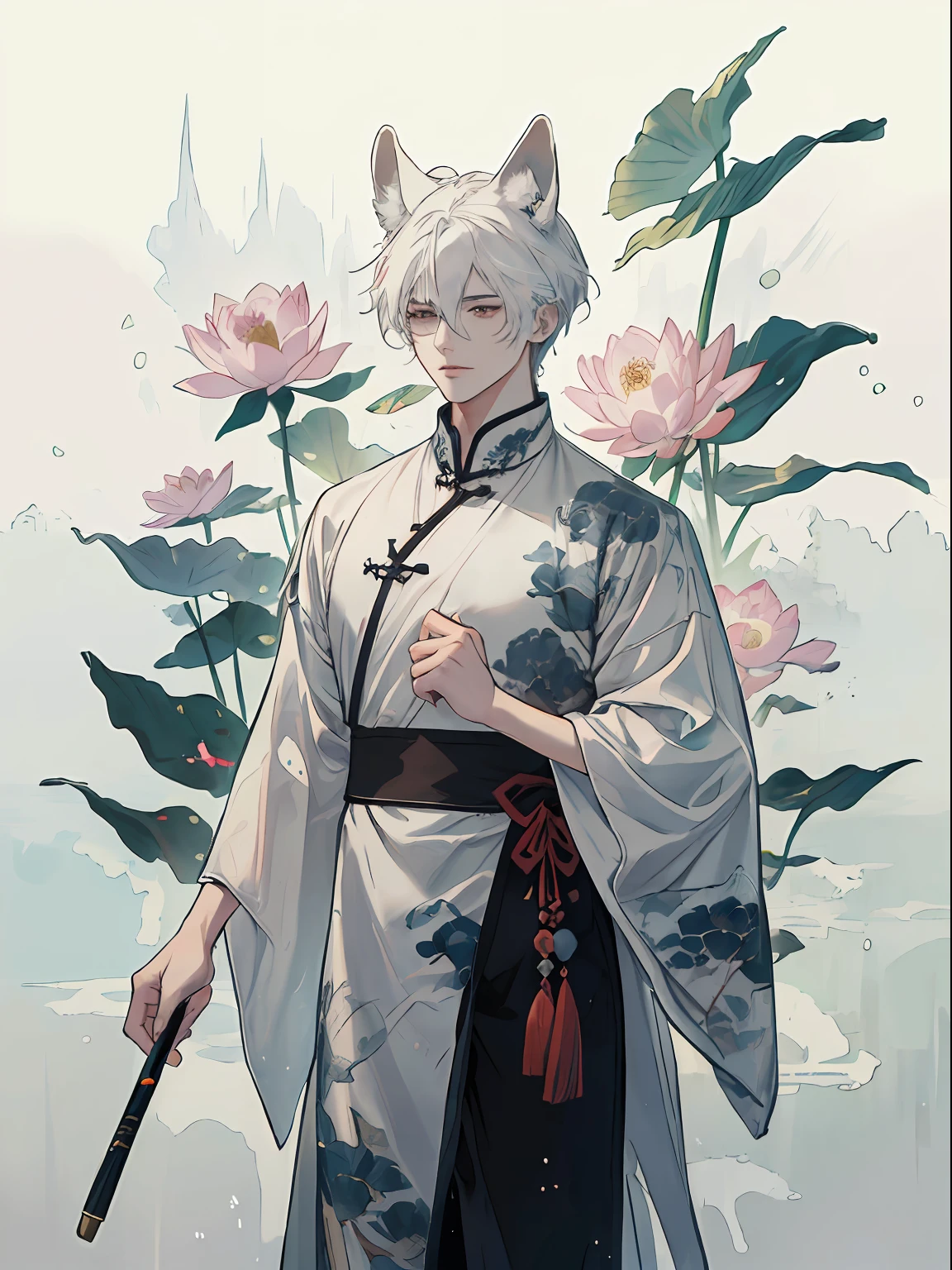 ((4K、​masterpiece、top-quality))、(1 male), ink and watercolor painting、Traditional Chinese Ink Painting、lotuses、Hanfu、Maxi Kit、Dress conservatively、
独奏, white  hair, long, Fox ears, bule, florals, Lots of flowers nearby, coyote、pup、dragon