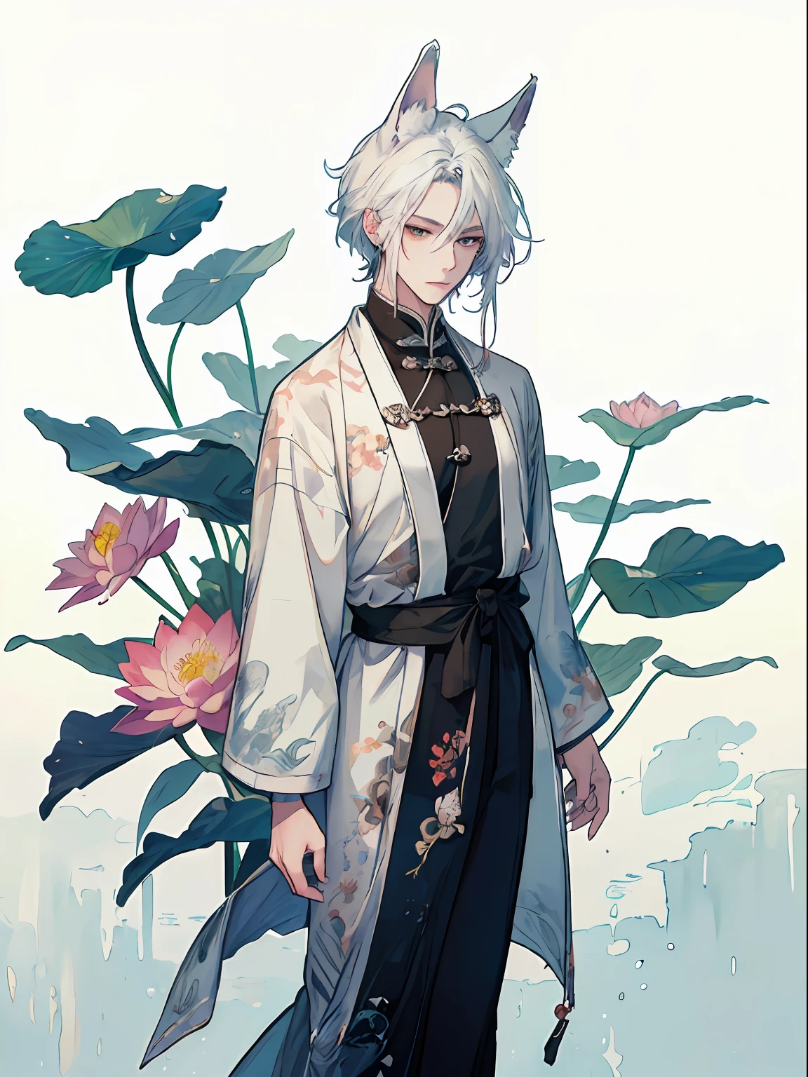 ((4K、masterpiece、top-quality))、(1 male), ink and watercolor painting、Traditional Chinese Ink Painting、lotuses、Hanfu、Maxi Kit、Dress conservatively、
独奏, white hair, long, Fox ears, bule, florals, Lots of flowers nearby, coyote、pup、dragon