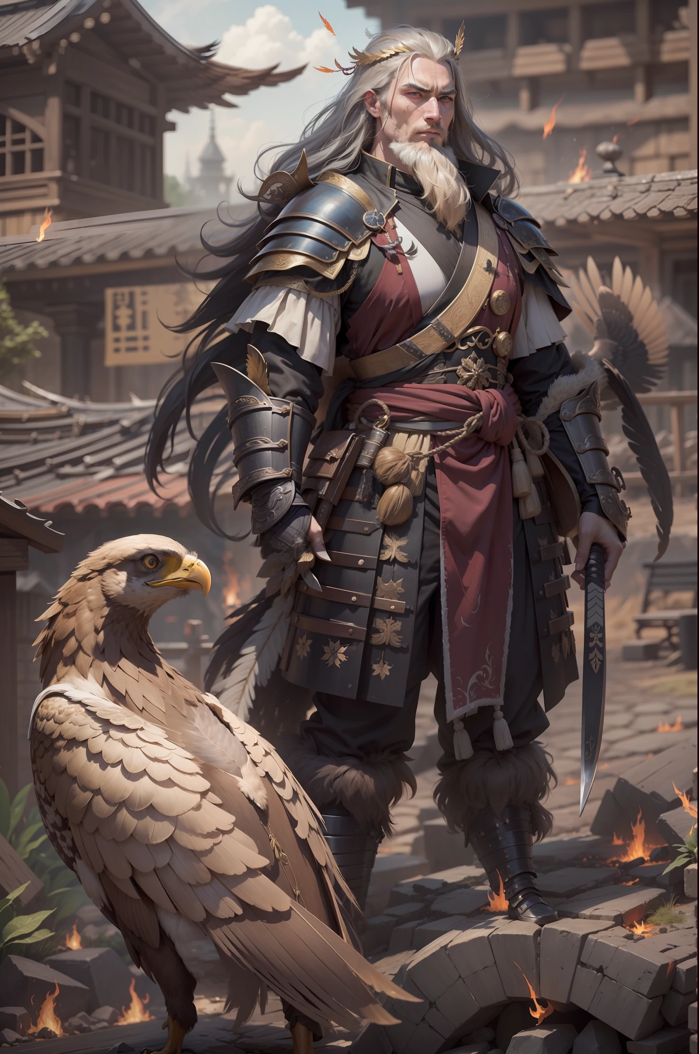 （anthropomorphic turtle），（Golden Eagle Samurai：1.4），longspear，a tall body，Stout limbs，Huge wings，There are a lot of feathers，Look at me condescendingly，disdain，despise，tosen，Fierce eyes，terroral，（（closeup cleavage，facial closeups，Close-up strengthened）），The long hairs of the flame fluttered in the wind，combats，Dynamic lines，Dimly lit battlefield，Ruined castle，（stereoscopic perspective：1.4），Works of masters，super-fine，4K分辨率，high qulity，电影灯光，High picture detail，Detailed pubic hair，Epic shooting，Clearly focused hair，Detailed hair depiction，acurate