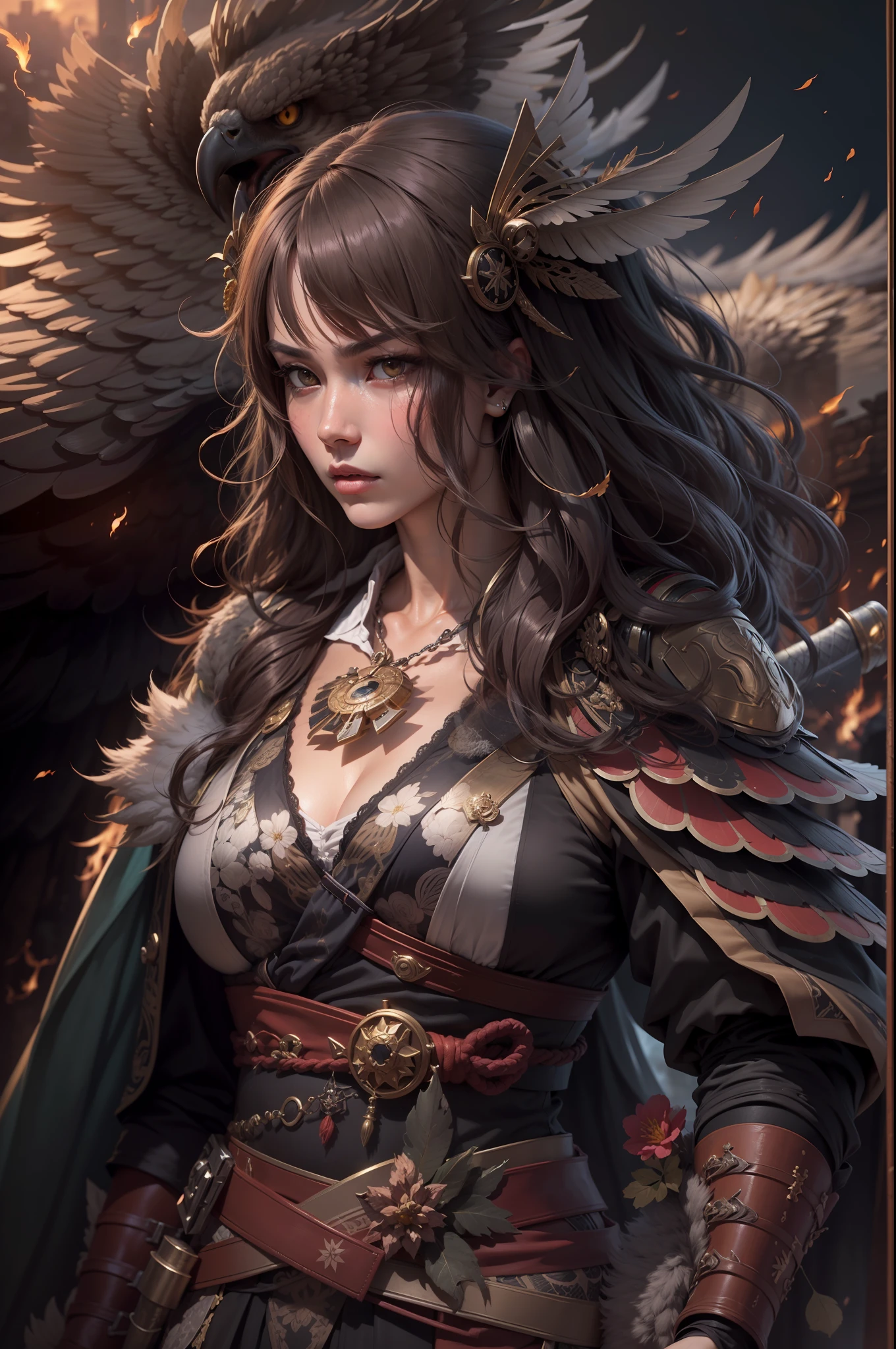 (anthropomorphic turtle),(Golden Eagle Samurai:1.4),longspear,a tall body,Stout limbs,Huge wings,There are a lot of feathers,Look at me condescendingly,disdain,despise,tosen,Fierce eyes,terroral,((closeup cleavage,facial closeups,Close-up strengthened)),The long hairs of the flame fluttered in the wind,combats,Dynamic lines,Dimly lit battlefield,Ruined castle,(stereoscopic perspective:1.4),Works of masters,super-fine,4K分辨率,high qulity,电影灯光,High picture detail,Detailed pubic hair,Epic shooting,Clearly focused hair,Detailed hair depiction,acurate
