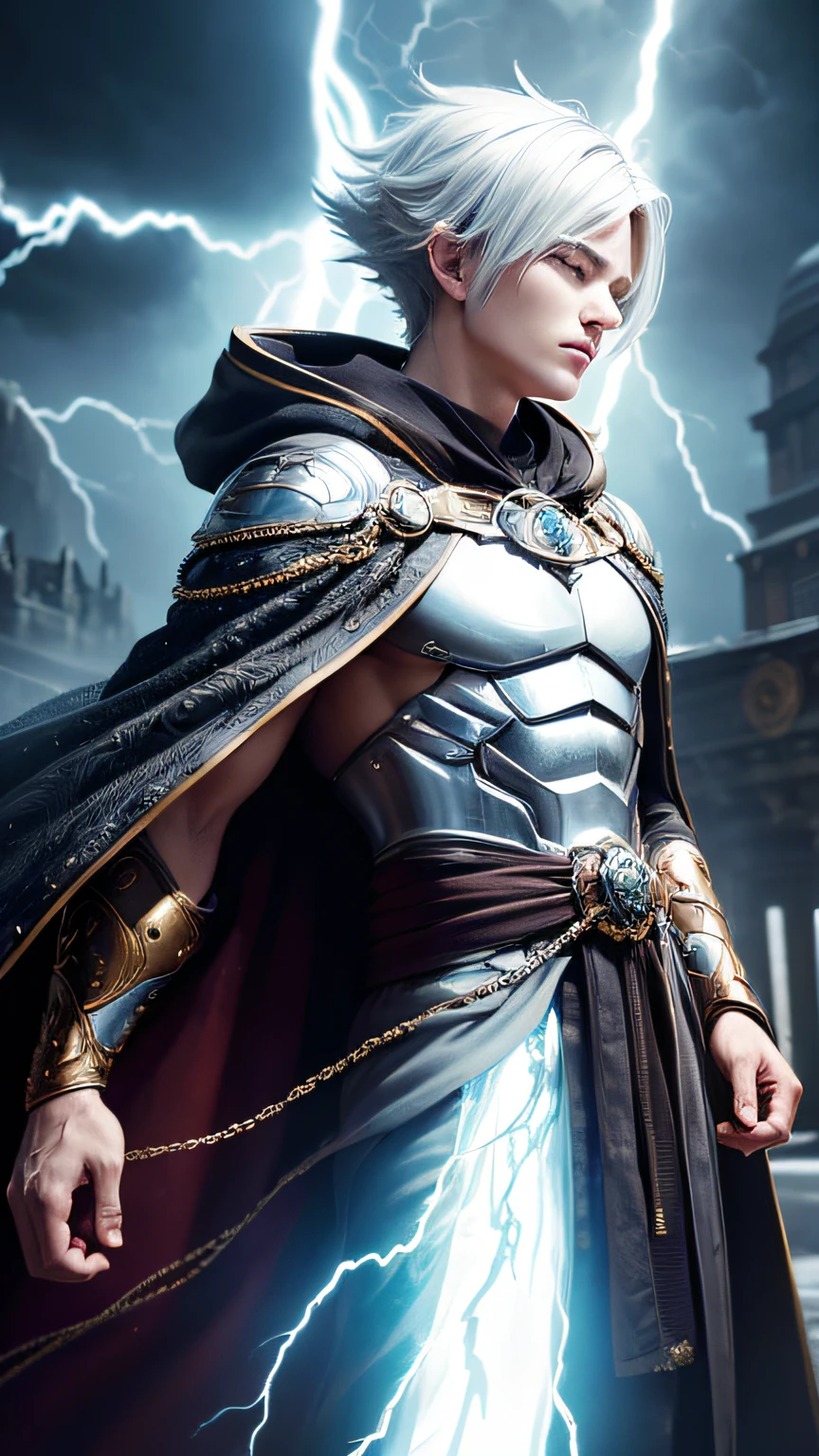 (skindentation:1.5), Realistic, Photorealistic, (masterpiece:1.5), concept art, intricate details, highly detailed, photorealistic, octane render, 8k, unreal engine, dynamic pose, best quality, highres, (realistic face:1.1), (hyperrealistic:1.1), ((full_body)), perfect eyes,(shiny skin:1.2), (((hairstyle))), (((perfect hands))), (extremely detailed background), ((dynamic background)), ((lightning)), (light rays), ((1men)), wearing armor, (((flowing cloak))), ((detailed eyes, high quality eyes, high quality face)), (extremely intricate robes, magical robes), super saiyan power-up, ultra instinct aura, chain-lightning, ((dramatic)), epic, battlefield, depth of field, bokeh, 4k, gothic, ember, particles