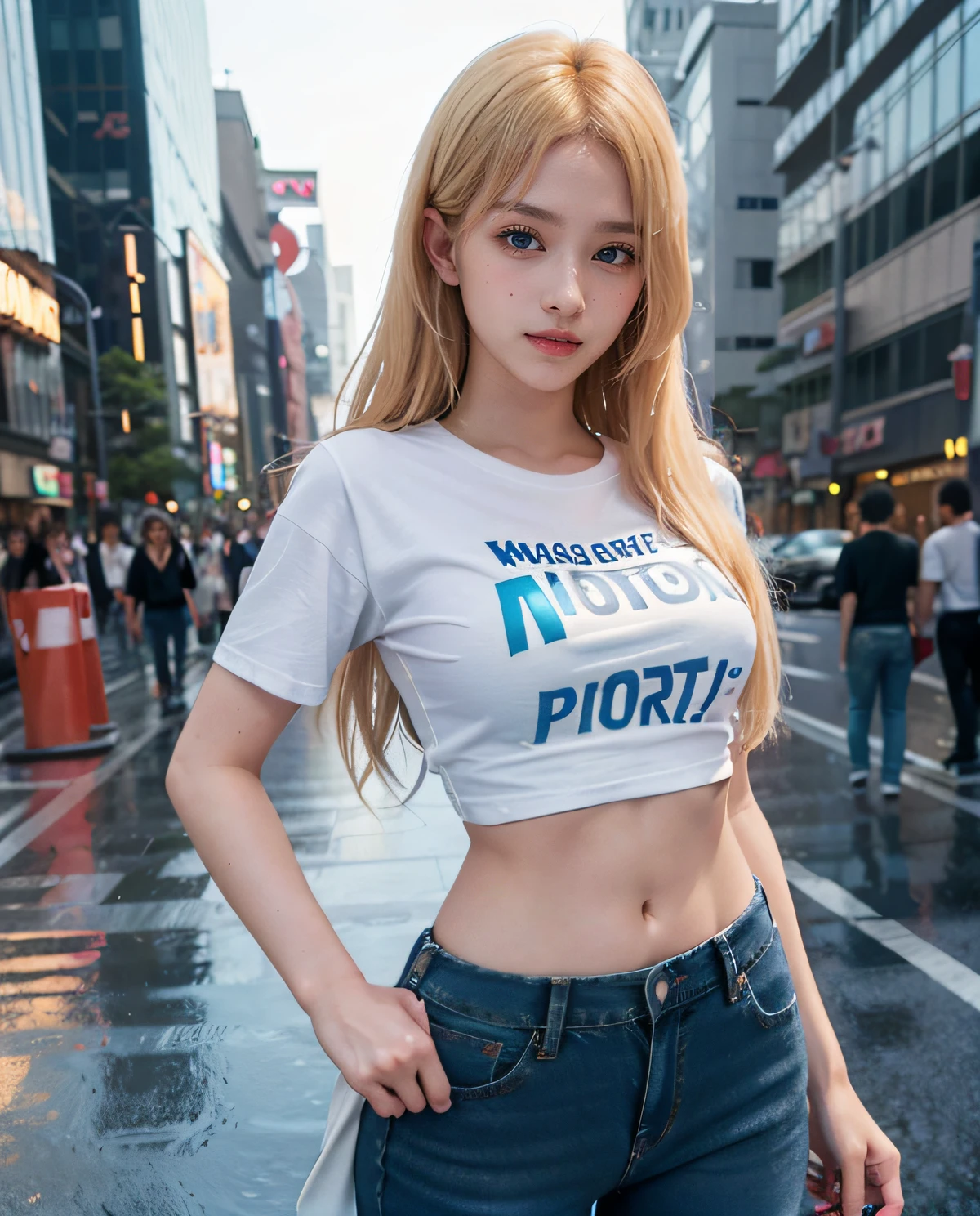 1girl, (Blue Eyes), cute smile, (Sana Minatozaki), wide hips, Big Boobs, big ass, (Best Quality, 8k, Masterpiece: 1.3)) ), Clear Focus: 1.2, Perfect Body Beauty: 1.4 , Slender Abs: 1.2, Wet Body: 1.5 , Highly detailed face and skin texture, detailed eyes, double eyelids, (long blonde hair), (SONY t-shirt :1.4), (jean pants), high heels, akihabara street, illuminated with signs