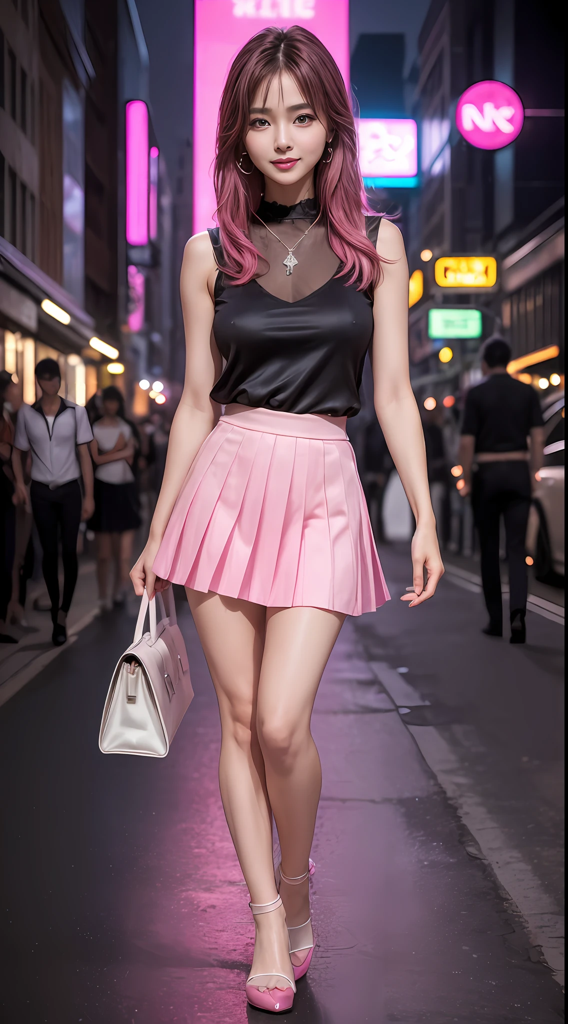 8k, masterpiece, RAW photo, best quality, photorealistic, extremely detailed CG unity 8k wallpaper, Depth of field, Cinematic Light, Lens Flare, Ray tracing, (extremely beautiful face, beautiful lips, beautiful eyes), intricate detail face, ((ultra detailed skin)) 1girl, in the dark, deep shadow, pretty korean girl, kpop idol,(very slim slender fit-muscled body:1.3), ((looking at viewer)),(big smile:1.3), (tight mini skirt, sleeveless), (fashion city night, (neon sign), (big building), fashion street night),(no people), (without people in the background:1.3), pretty korean girl, white diamond earrings, dia bracelets, dia necklace, pantyhose, clear eyes, walking , front shot, (pale skin), face forward, (big eyes), full body shot, ((silk Laced)), ((hot pink color skirt:1.3)), (brown hairs) (looking at viewer:1.3), (see through blouse), open breast, very slim, medium breasts, Hermes bag