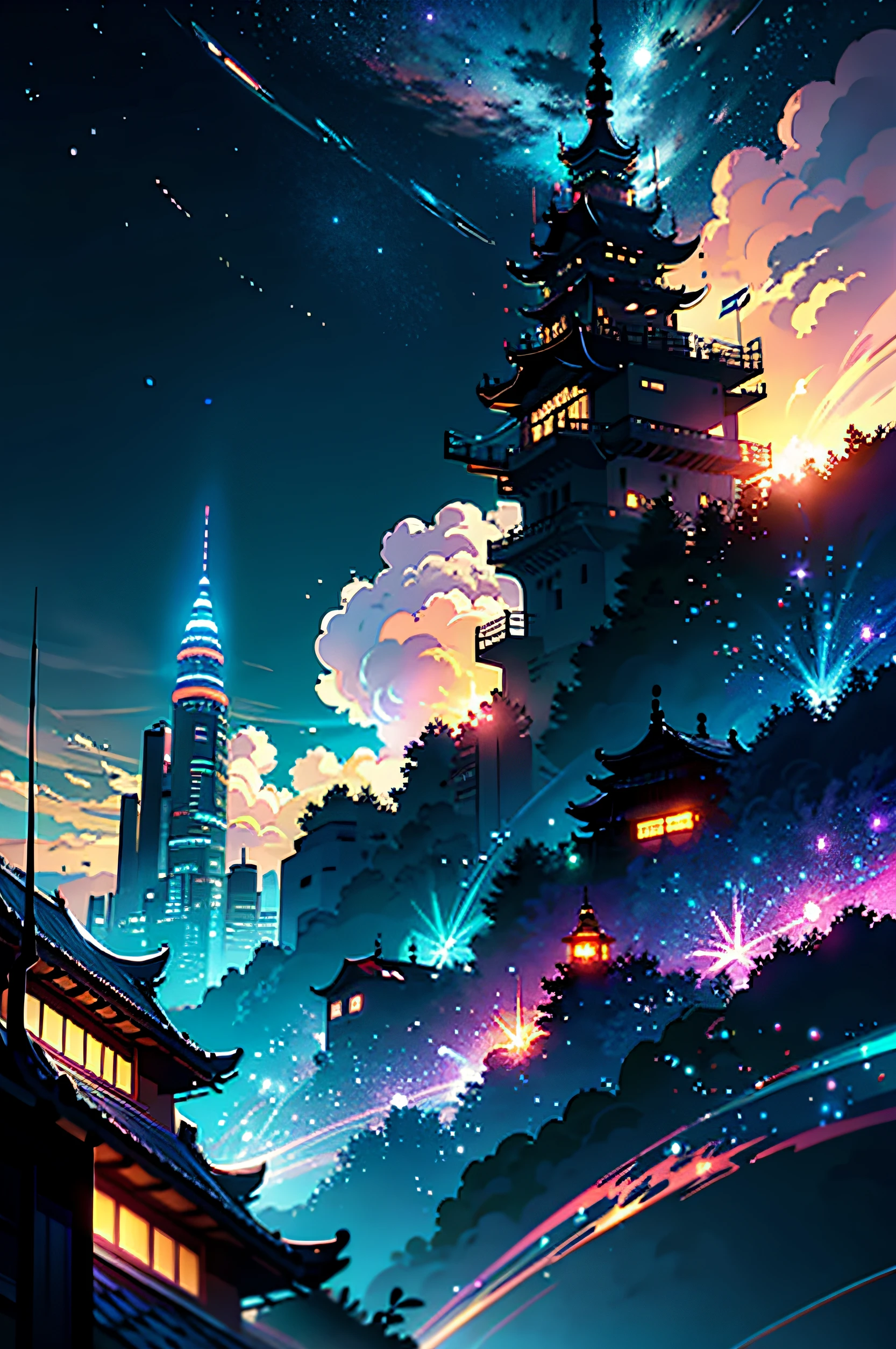 An anime landscape and sky of a cyberpunk city, There are dragons over the city,chies,Anime art wallpaper 4 K, luminous sky, Bright sparkle, Anime clouds, Chengxin Hai Makoto Cyril Rolando, Sylvain Sarrell, Anime art wallpaper 8 K, inspired by sylvain sarrailh, 4k highly detailed digital art, rendering by octane, Bio-luminescence, 8k resolution concept art, hentail realism,by Mappa Studios,tmasterpiece,best qualityer,offcial art,illustratio,Lenneclaire,(cool_color),Perfectcomposition,hoang lap,fanciful,focus-on,trichotomy