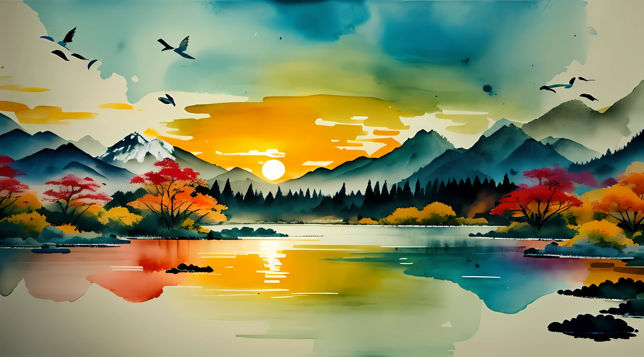 evening light，setting sun，Mallard ducks are flying，Clear autumn water，lake water，Blend in with the turquoise sky。autumnal，Beautiful autumn scenery。Landscape painting，，ink and watercolor painting，Chinese ink splash painting，Master level，Mallard ducks fly in the air，Birds are flying，