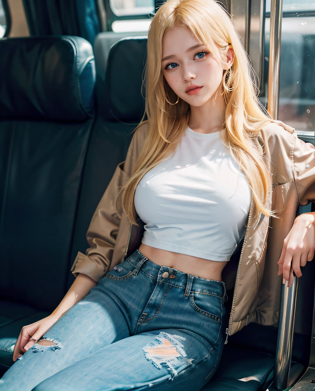 1girl, (Blue Eyes), cute smile, (Sana Minatozaki), wide hips, Big Boobs, big ass, (Best Quality, 8k, Masterpiece: 1.3)) ), Clear Focus: 1.2, Perfect Body Beauty: 1.4 , Slender Abs: 1.2, Wet Body: 1.5 , Highly detailed face and skin texture, detailed eyes, double eyelids, (long blonde hair), (t-shirt), (jacket), (jean pants), high heels, sitting on a train, illuminated with signs