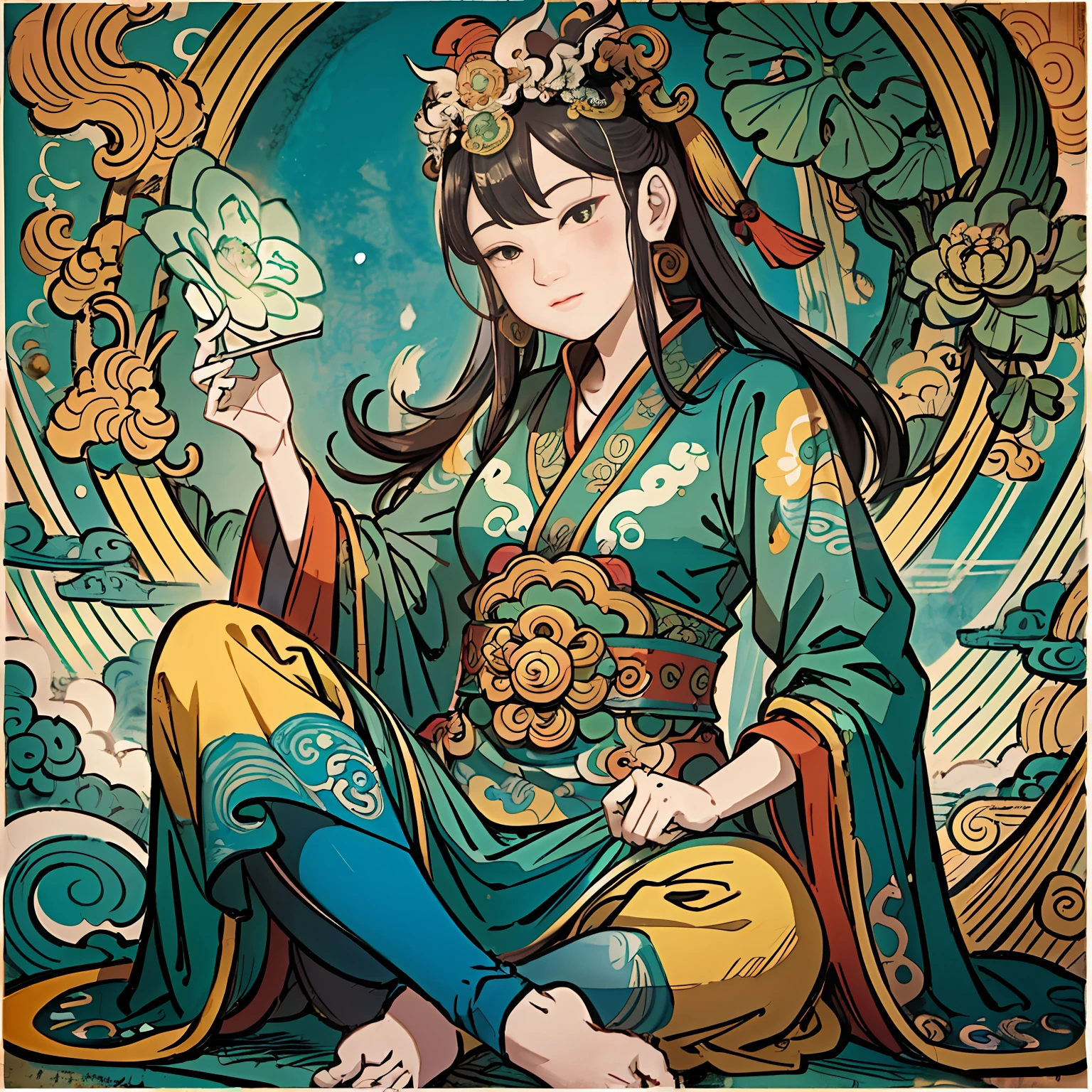 Woman sitting on a lotus,guanyin of the southern seas,Guanyin,contented female bodhisattva,jade sculpture,bodhisattva,queen of the sea mu yanling,serene,Serene expression,shui mo hua,Buddha,Buddhist,Lotus,Chinese painting style,Thangka style