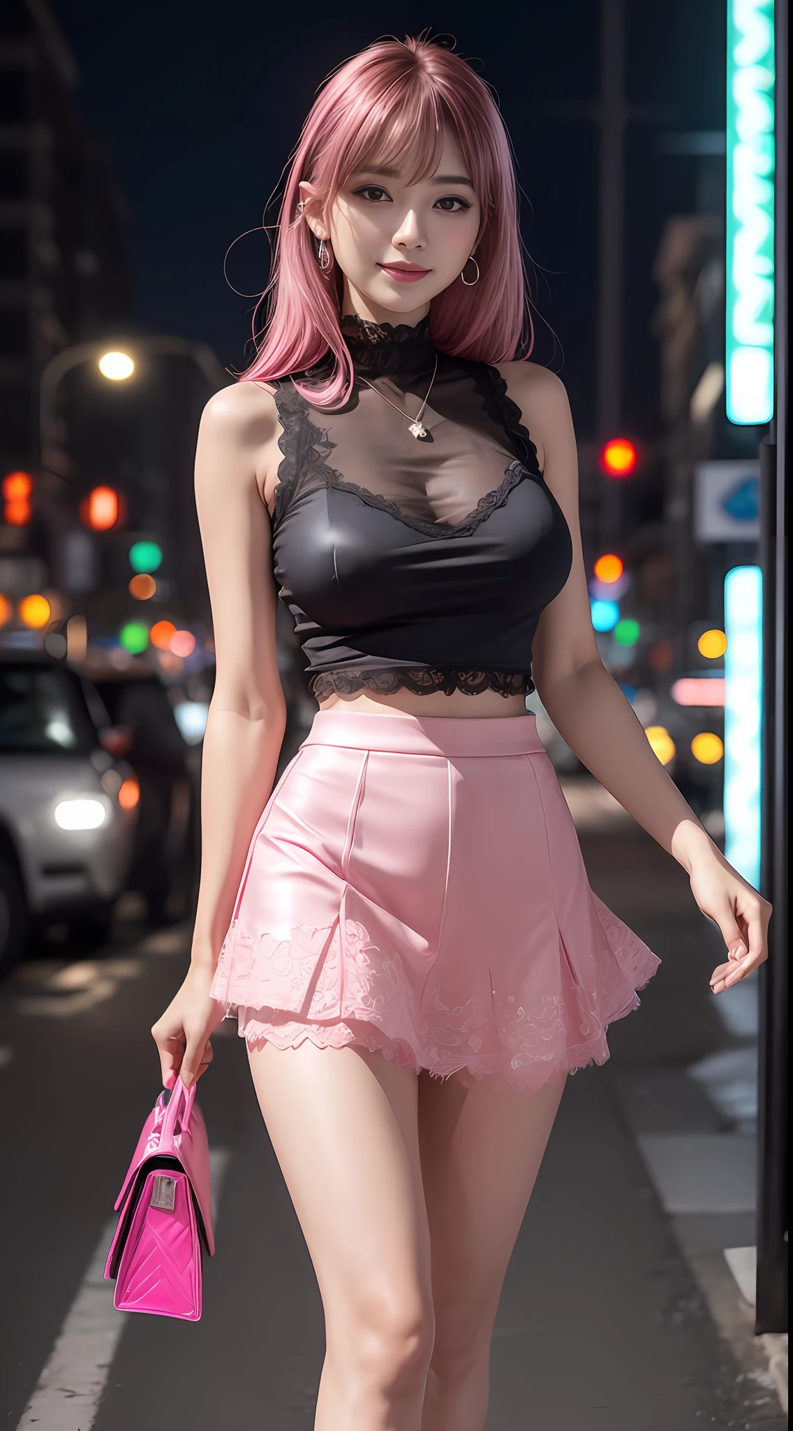 8k, masterpiece, RAW photo, best quality, photorealistic, extremely detailed CG unity 8k wallpaper, Depth of field, Cinematic Light, Lens Flare, Ray tracing, (extremely beautiful face, beautiful lips, beautiful eyes), intricate detail face, ((ultra detailed skin)) 1girl, in the dark, deep shadow, pretty korean girl, kpop idol,(very slim slender fit-muscled body:1.3), ((looking at viewer)),(big smile:1.3), (tight mini skirt, sleeveless), (fashion city night, (neon sign), (big building), fashion street night),(no people), (without people in the background:1.3), pretty korean girl, white diamond earrings, dia bracelets, dia necklace, pantyhose, clear eyes, walking , front shot, (pale skin), face forward, (big eyes), full body shot, ((silk Laced)), ((hot pink color skirt:1.3)), (brown hairs) (looking at viewer:1.3), (see through blouse), open breast, very slim, medium breasts, Hermes bag