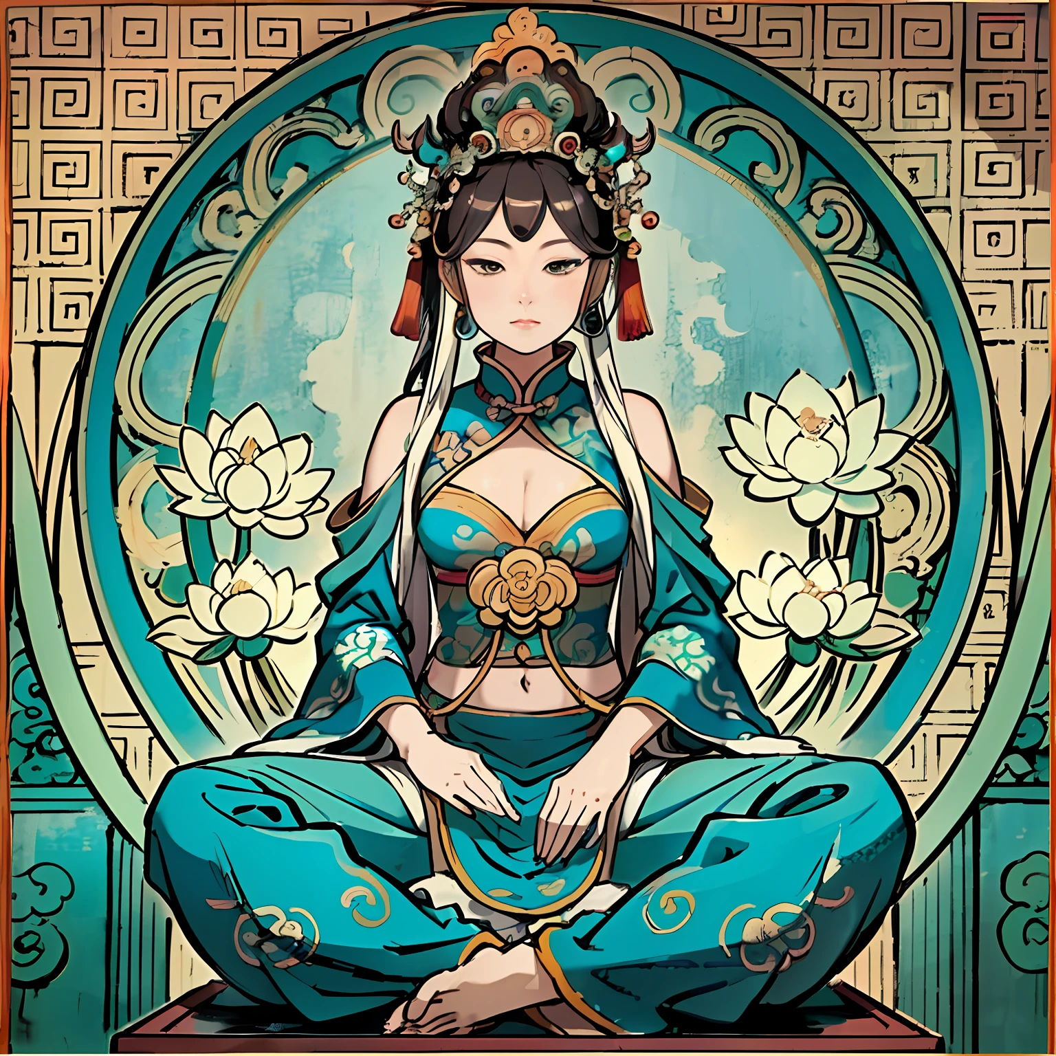 Woman sitting on a lotus,guanyin of the southern seas,Guanyin,contented female bodhisattva,jade sculpture,bodhisattva,queen of the sea mu yanling,serene,Serene expression,shui mo hua,Buddha,Buddhist,Lotus,Chinese painting style,Thangka style