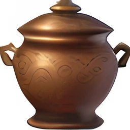There is a large brown vase,There is a cover on a black background, pot, hyperdetailed scp artifact jar, rpg item, pottery, Bronze, item art, amphora, Clay, potion, gold, drawn image, ceramic pot, Ancient Greek pottery, terracotta warriors, Ancient Greek vase, Ancient, magic item, vases, stew, arte renderizada, Aztek