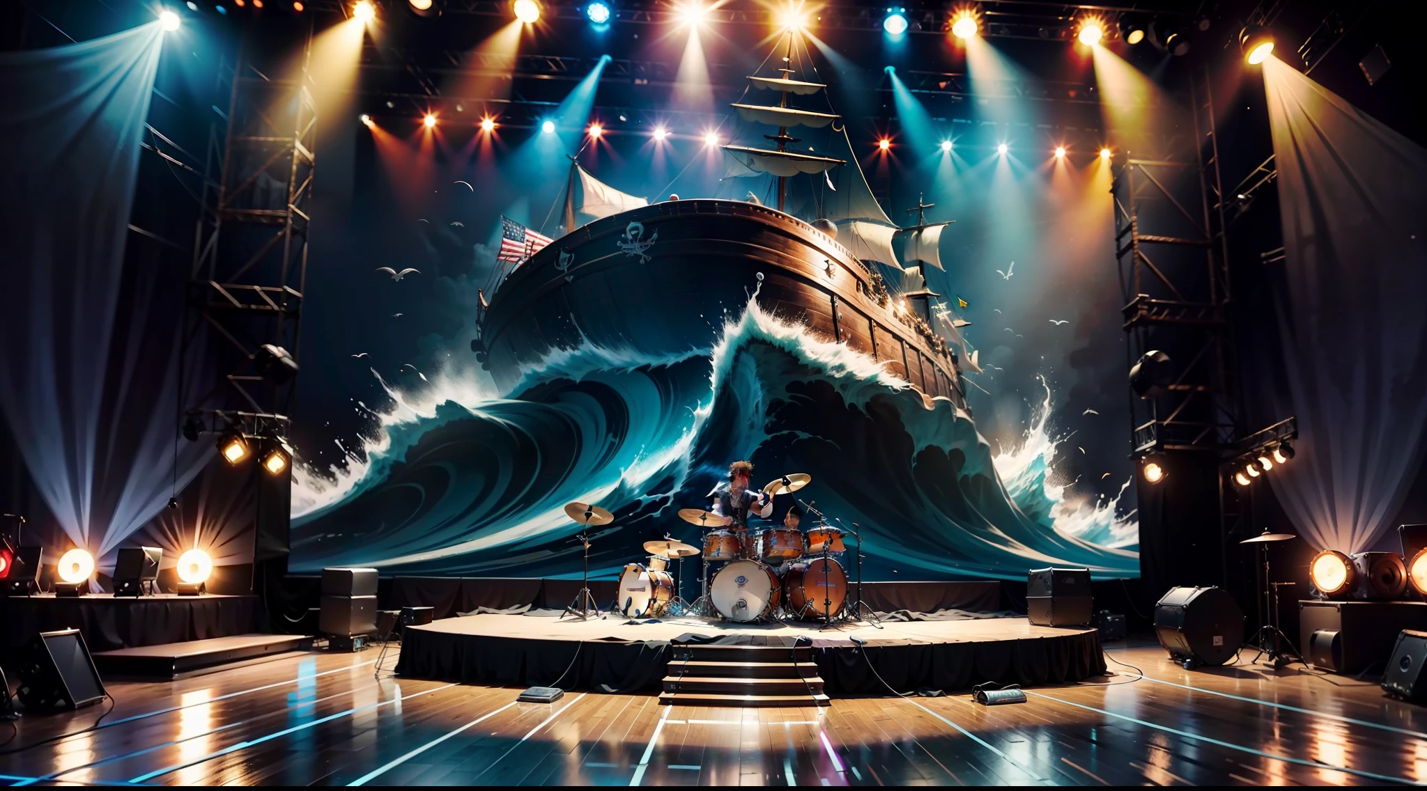 A stage with a set in the form of a pirate ship, behind the backdrop of the pirate ship a huge LED screen reproduces the sea and the sky. O palco tem altura de 6m, um comprimento de 20m e uma largura de 10m. On the set on the left side of the stage is a pirate playing an electric guitar, On the front of the stage on the right side of the stage is a pirate playing an electric double bass, On the set center stage is a third pirate playing a drum set, A fourth pirate is on stage at the front of the stage playing a guitar and singing into the microphone with a pedestal. Reflectors and colorful lighting highlight each musician and the stage setting.