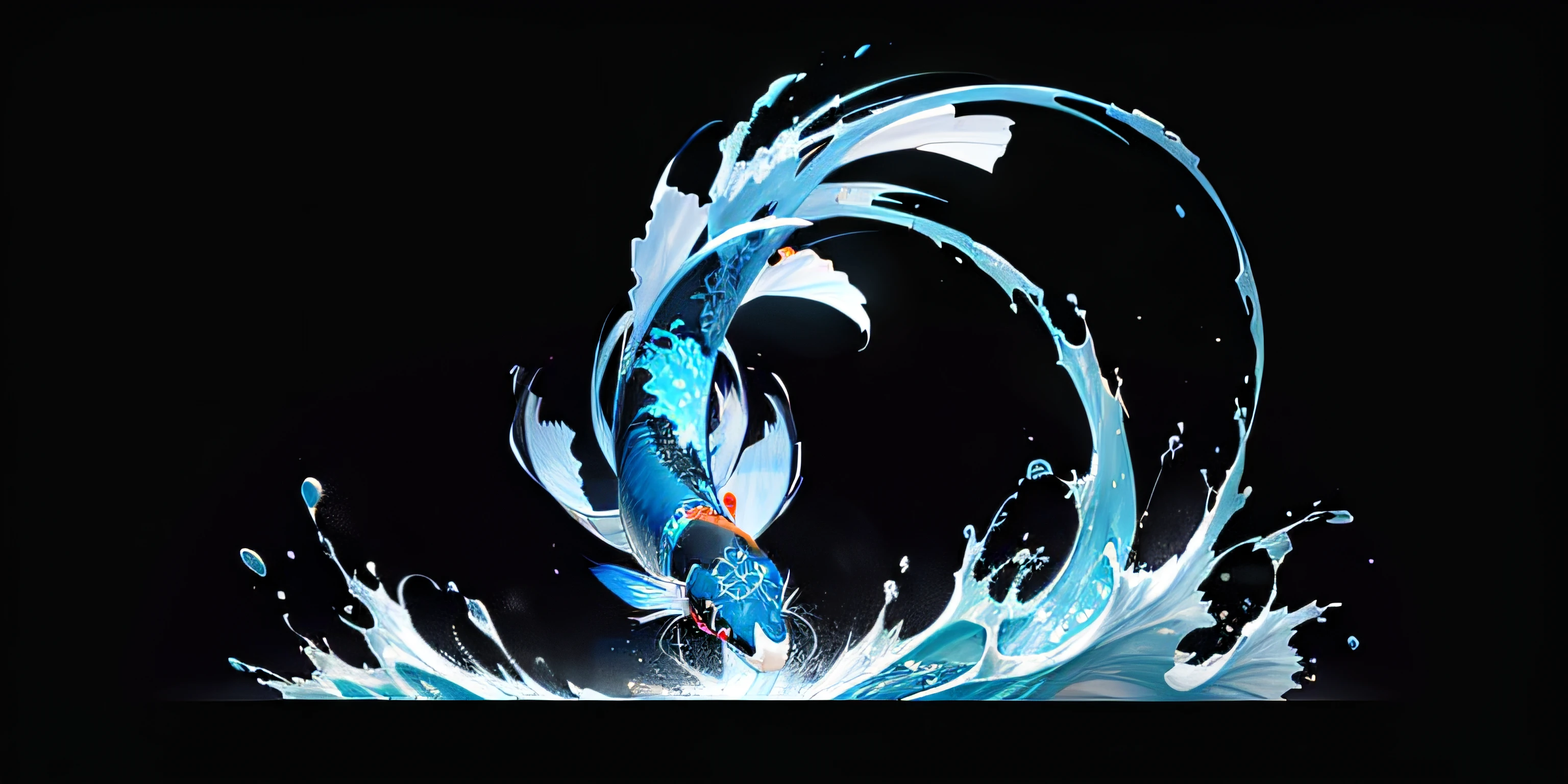 "Dynamic, vibrant blue koi leaping energetically from the shimmering dark waves against a black backdrop, showcasing their glowing scales and embodying the spirit of Pisces." single koi, fish, (non human 1:1), perfect image, single koi, single fish. (perfect koi fish 1:1)
