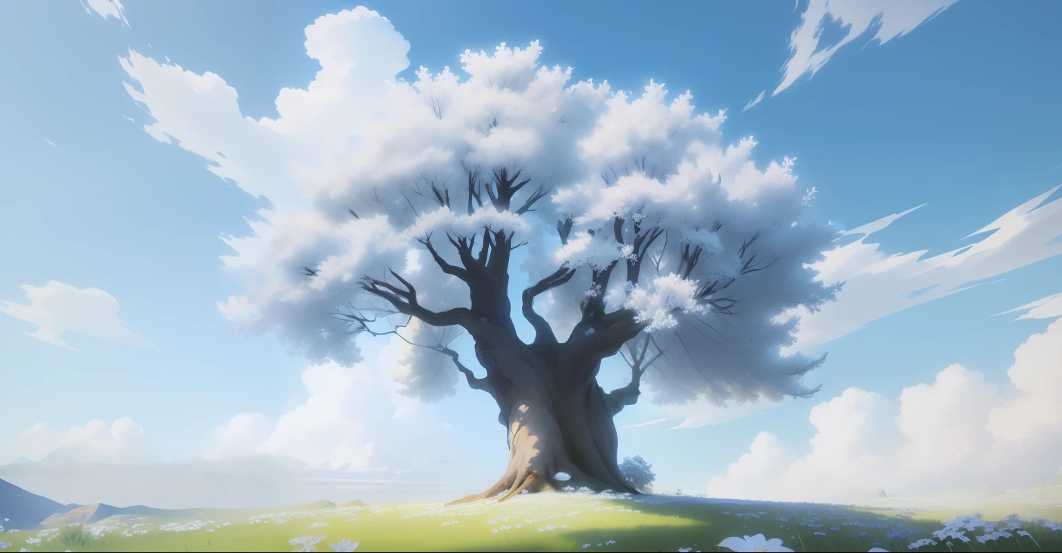tmasterpiece，best qualtiy，Very detailed CG unity 8k wallpaper，Most Best Illustration，best shadow，A tree with a view of the top，with blue sky and white clouds，beautiful sky，Small white flowers，Light tracking，ultra-detailliert