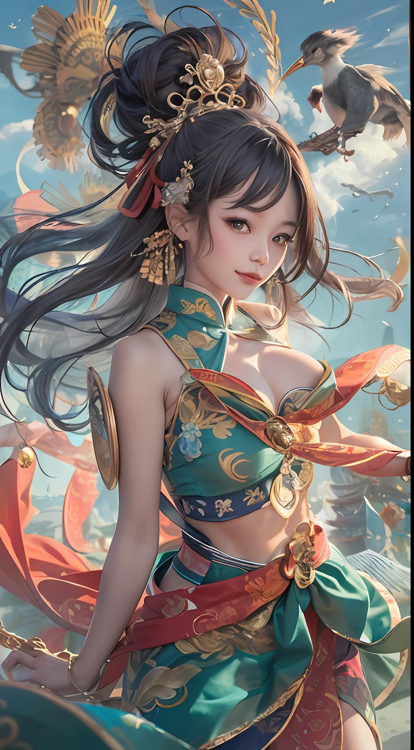Official Art, Unified 8K Wallpapers, Ultra Detailed, Beautiful and Aesthetic, Masterpiece, Best Quality, (Zentangle, Tangle, Entangle), (fractal art: 1.4), 1girl, black hair, Chinese, bare shoulders, short skirt, calf, navel, very detailed, dynamic angle, cowboyshot, (most beautiful form chaos), flowing, (bright colors), oc, (half: 1.2), china, (thangka flying sky: 1.5), (ribbon: 1.3), (dream: 1.5), (hanfu: 1.5), Chinese dragon, Chinese phoenix, (smile: 0.5), (Chinese deity),